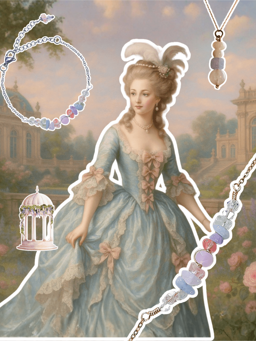 Woman in a historical dress with laganna french palace collection jewelry and decorative elements 