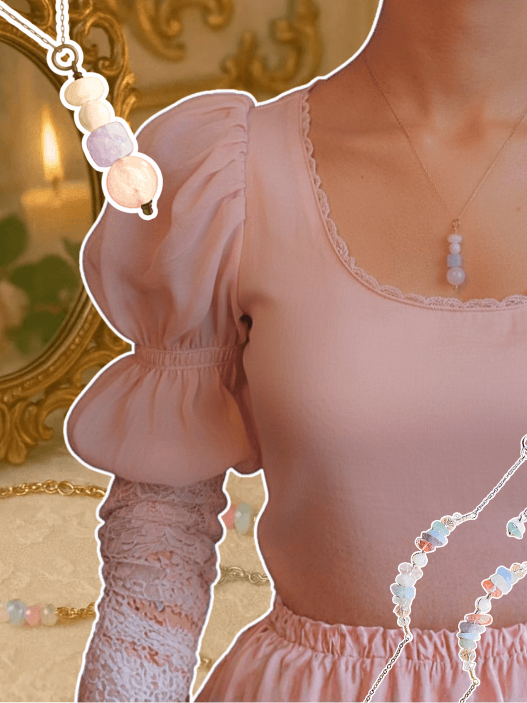 Close-up of a light pink lace dress with intricate details wearing french palace column necklace
