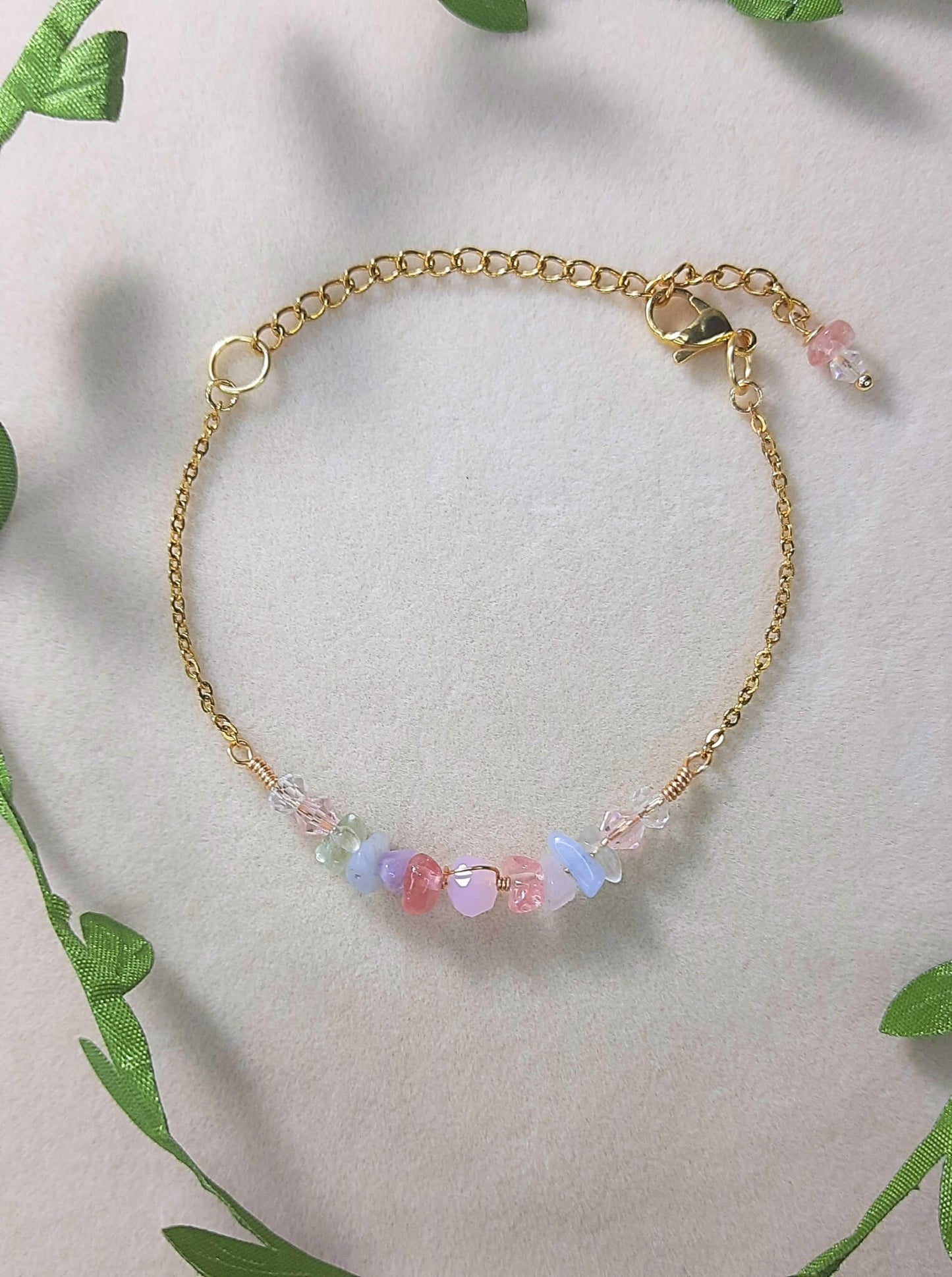 Handmade French Palace Bracelet in gold wire wrap featuring rose quartz, aquamarine and fluorite crystals, inspired by 18th century Rococo France, crafted in Sri Lanka