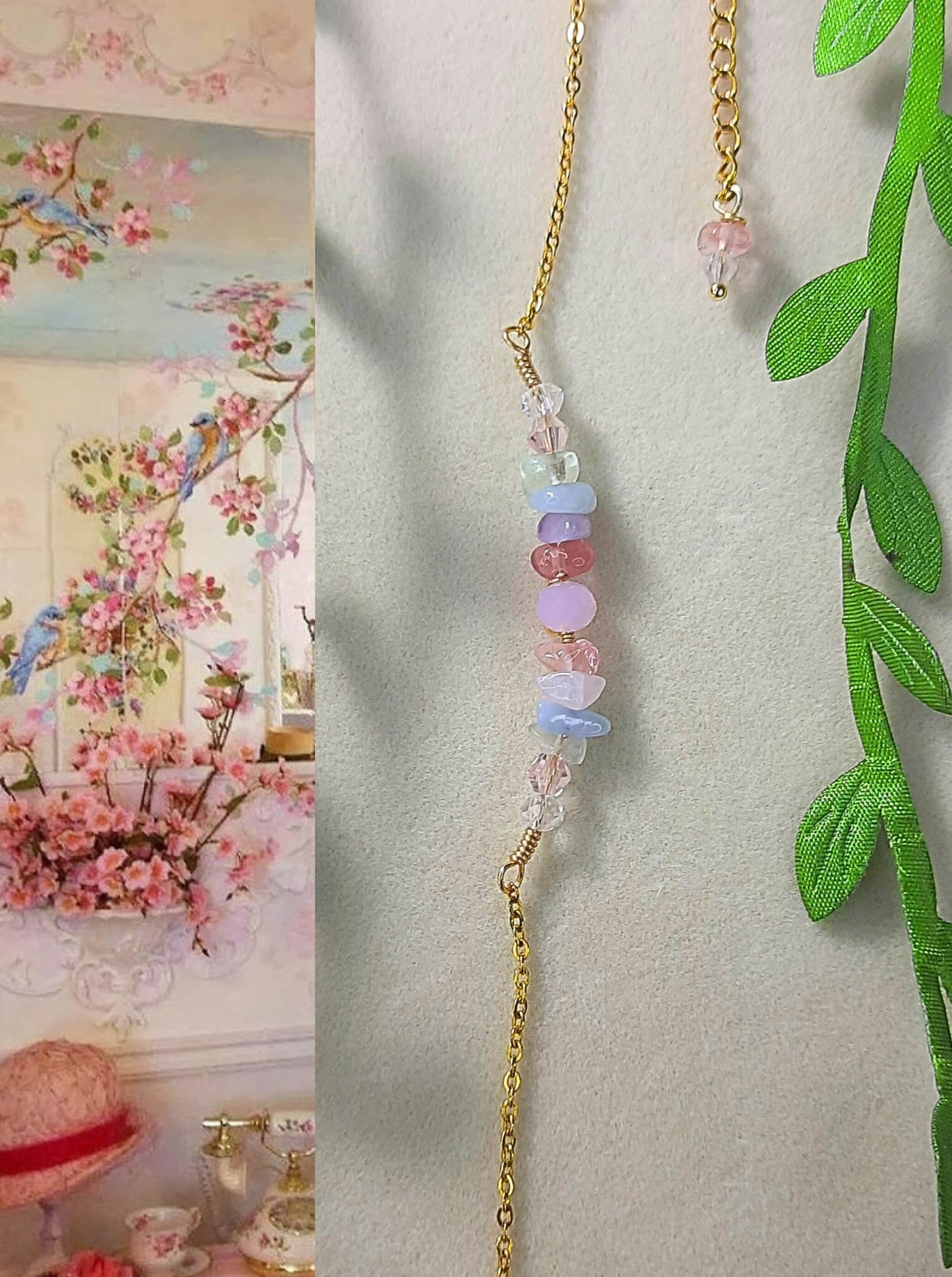 Beautiful French Palace Bracelet in gold showcasing Rococo color inspiration from 18th century France, wire wrapped with rose quartz, aquamarine and fluorite crystals