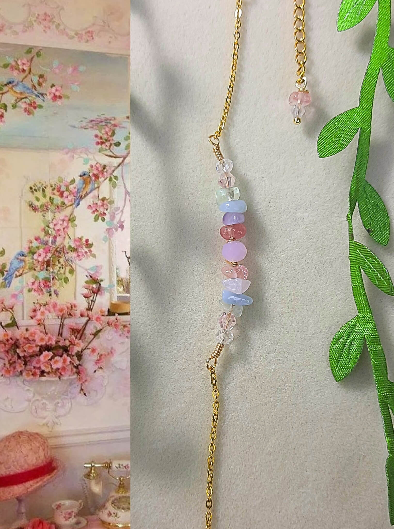 Beautiful French Palace Bracelet in gold showcasing Rococo color inspiration from 18th century France, wire wrapped with rose quartz, aquamarine and fluorite crystals