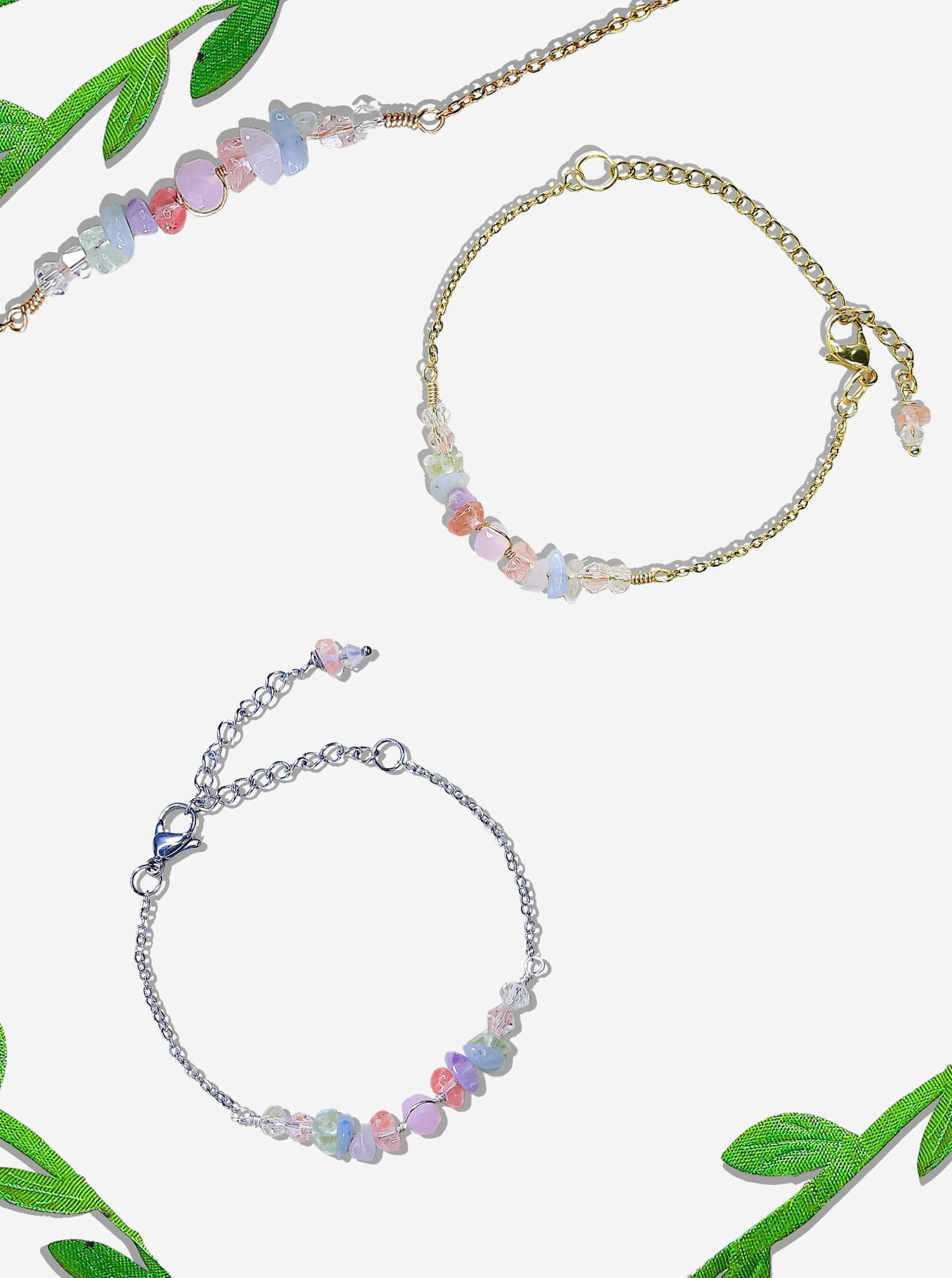 French Palace Bracelet collection showing gold and silver wire wrapped crystal jewelry with rose quartz and aquamarine, 18th century Rococo style handmade in Sri Lanka