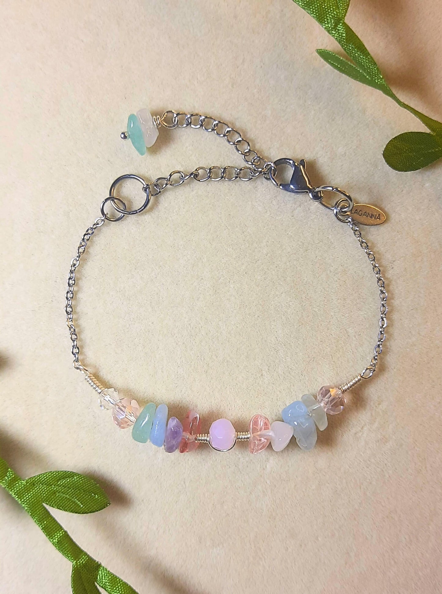 Elegant French Palace Bracelet in silver wire wrap with healing rose quartz, aquamarine and fluorite stones, romantic 18th century Rococo inspired jewelry handmade in Sri Lanka