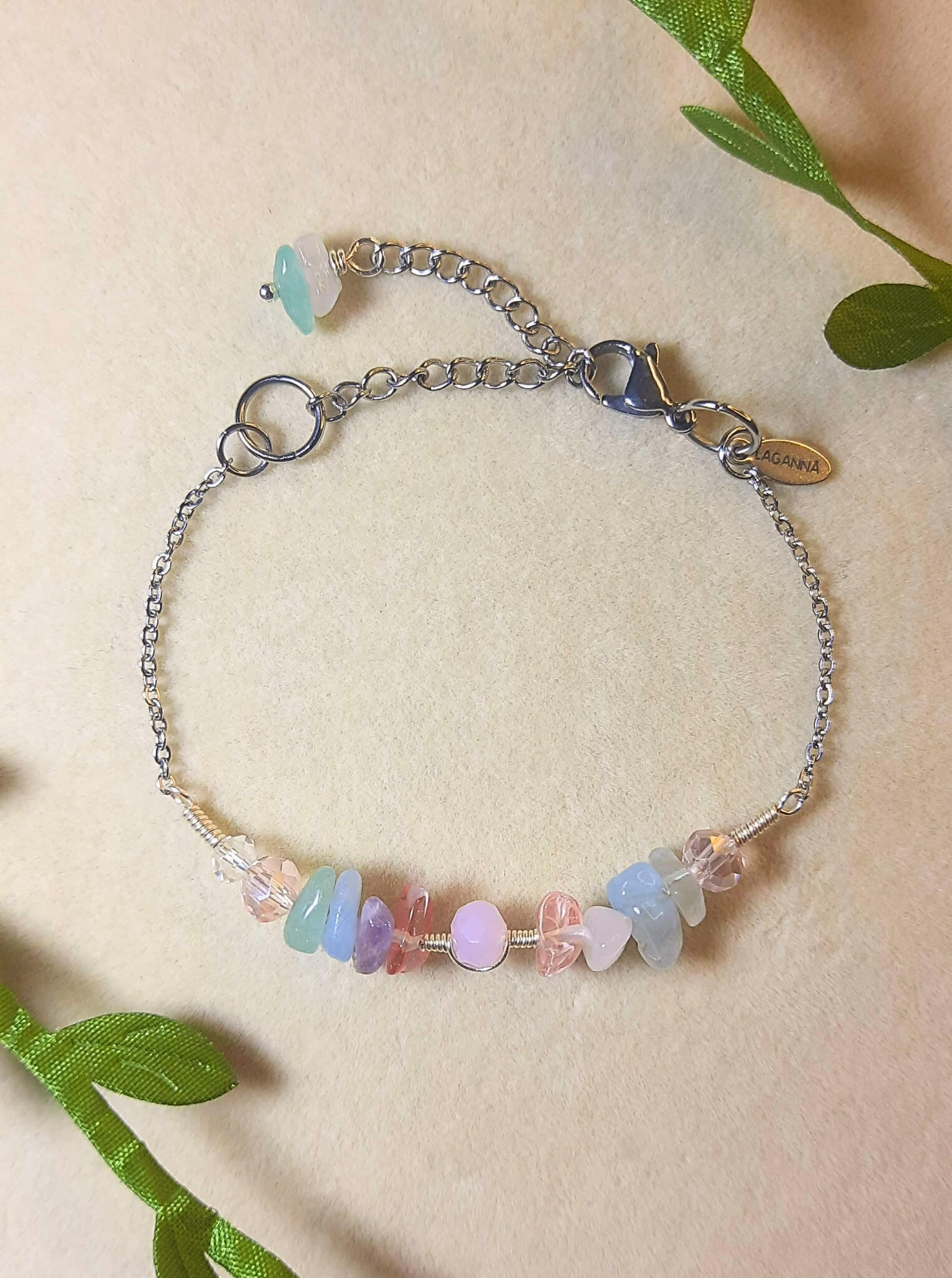 Elegant French Palace Bracelet in silver wire wrap with healing rose quartz, aquamarine and fluorite stones, romantic 18th century Rococo inspired jewelry handmade in Sri Lanka