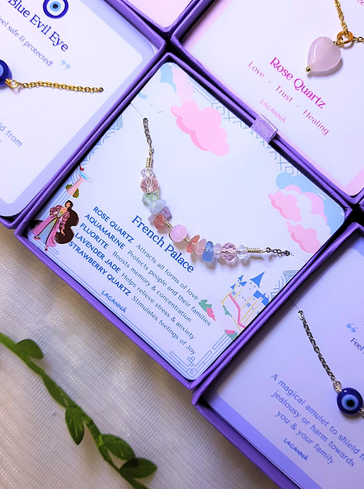 French Palace Bracelet in a Laganna jewelry box, silver wire wrapped crystal jewelry with rose quartz and aquamarine handmade in Sri Lanka