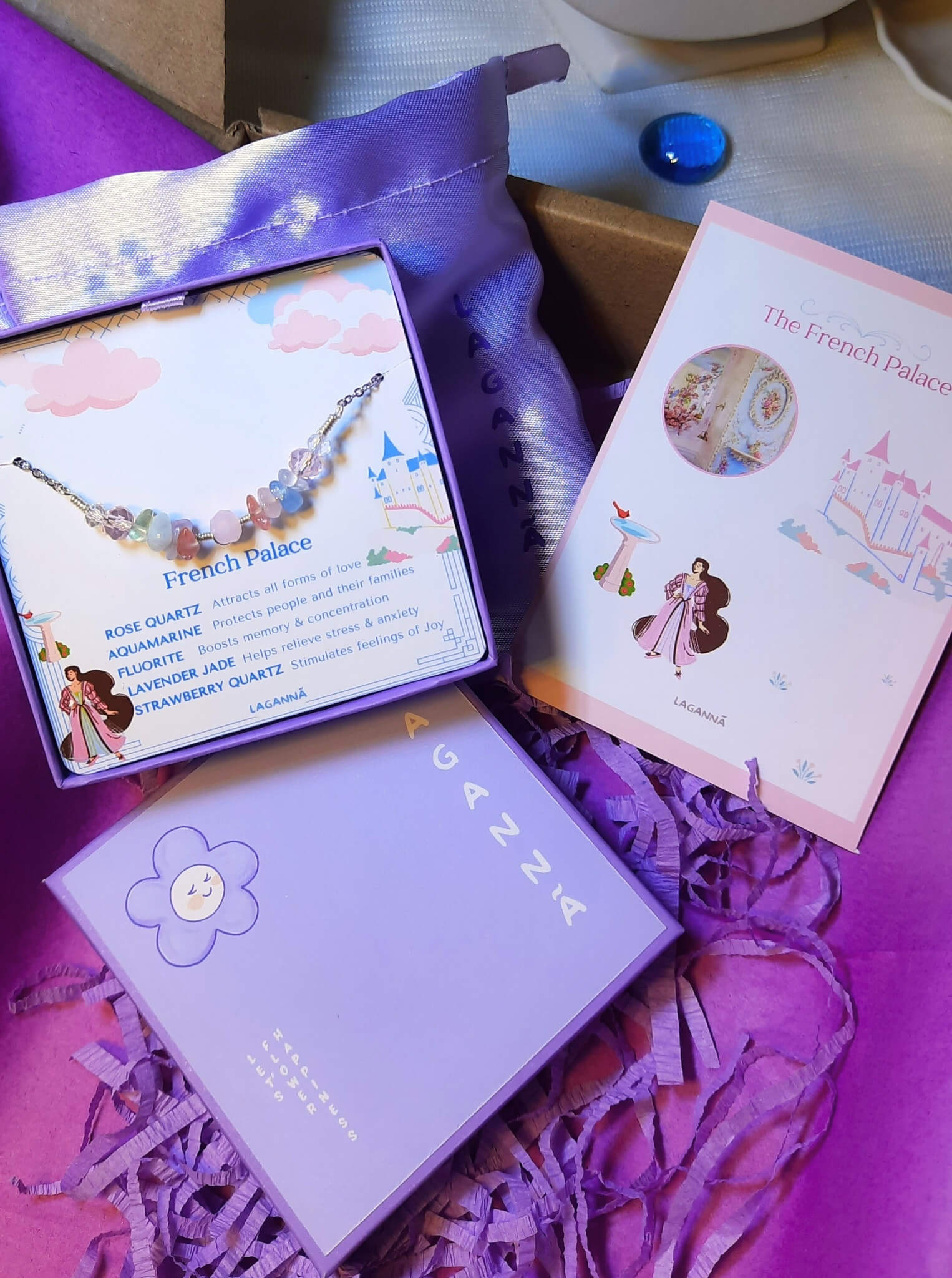 French Palace Bracelet in elegant gift box packaging, silver wire wrapped crystal jewelry with rose quartz and aquamarine, perfect romantic gift handmade in Sri Lanka