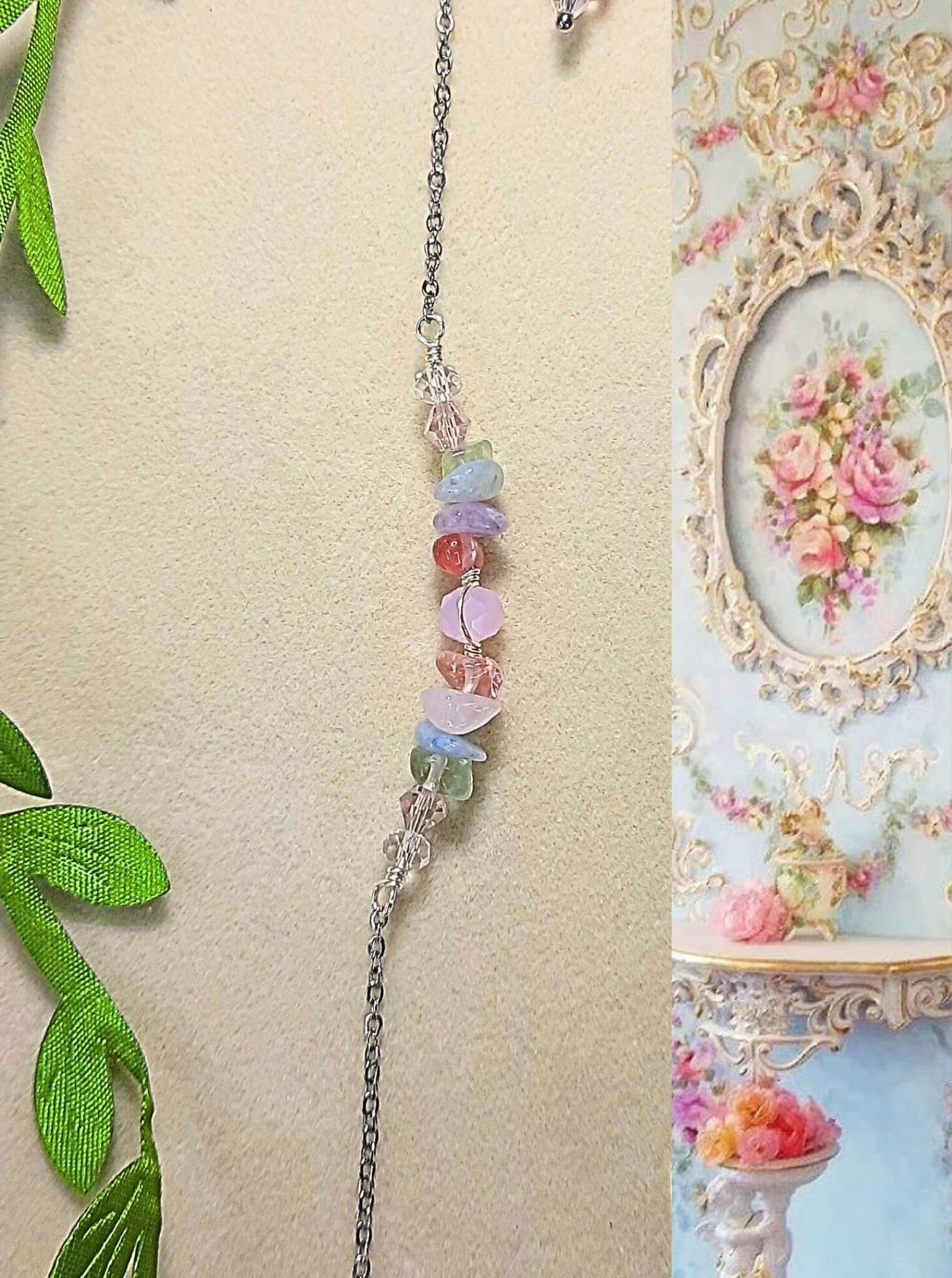 Stunning French Palace Bracelet in silver displaying Rococo color palette from 18th century France, handcrafted wire wrap with healing rose quartz and aquamarine stones