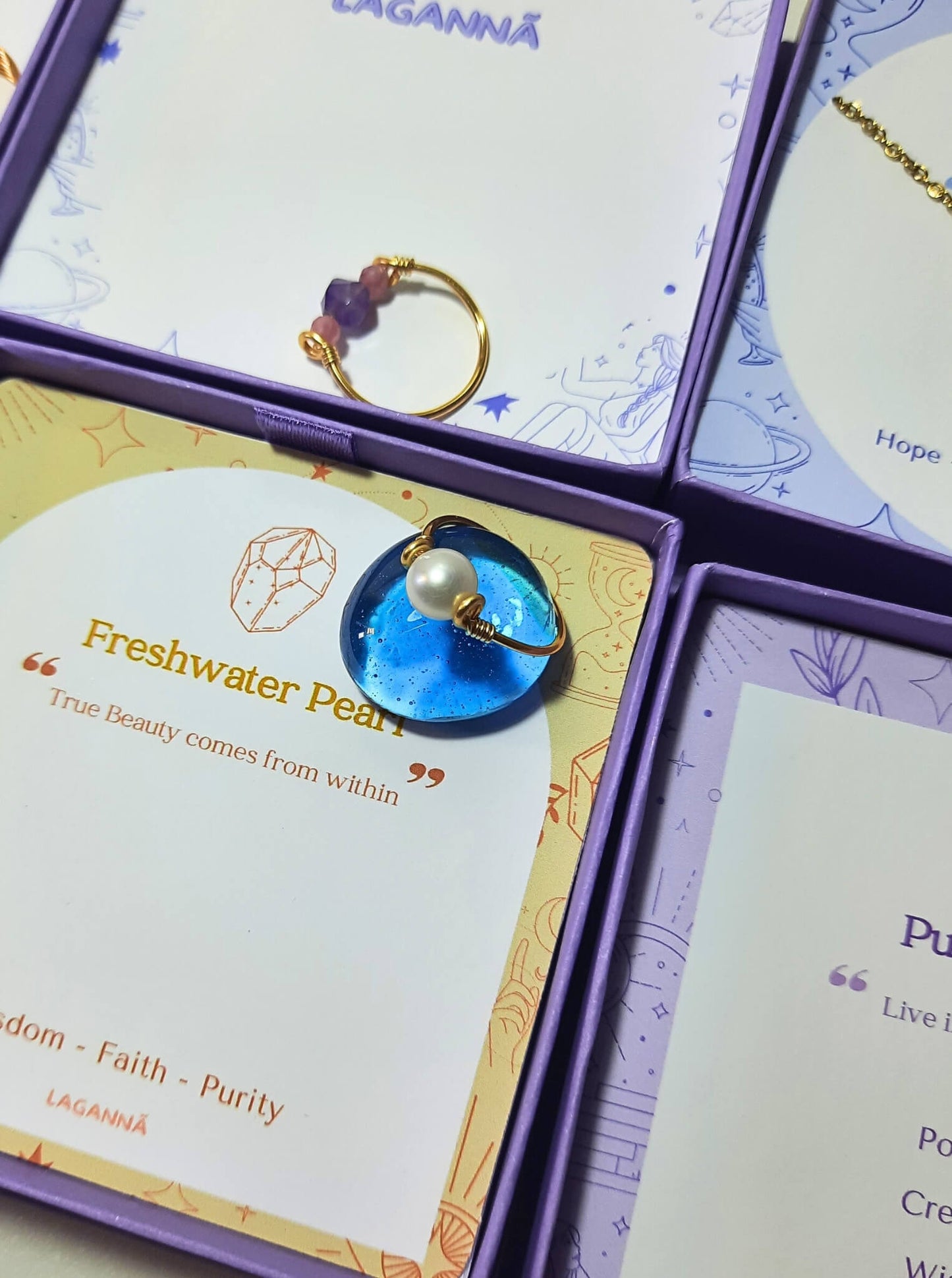 Natural freshwater pearl dainty ring in gold wire wrapped design with Laganna jewelry box, handmade Sri Lankan pearl jewelry for grace, serenity, and emotional balance