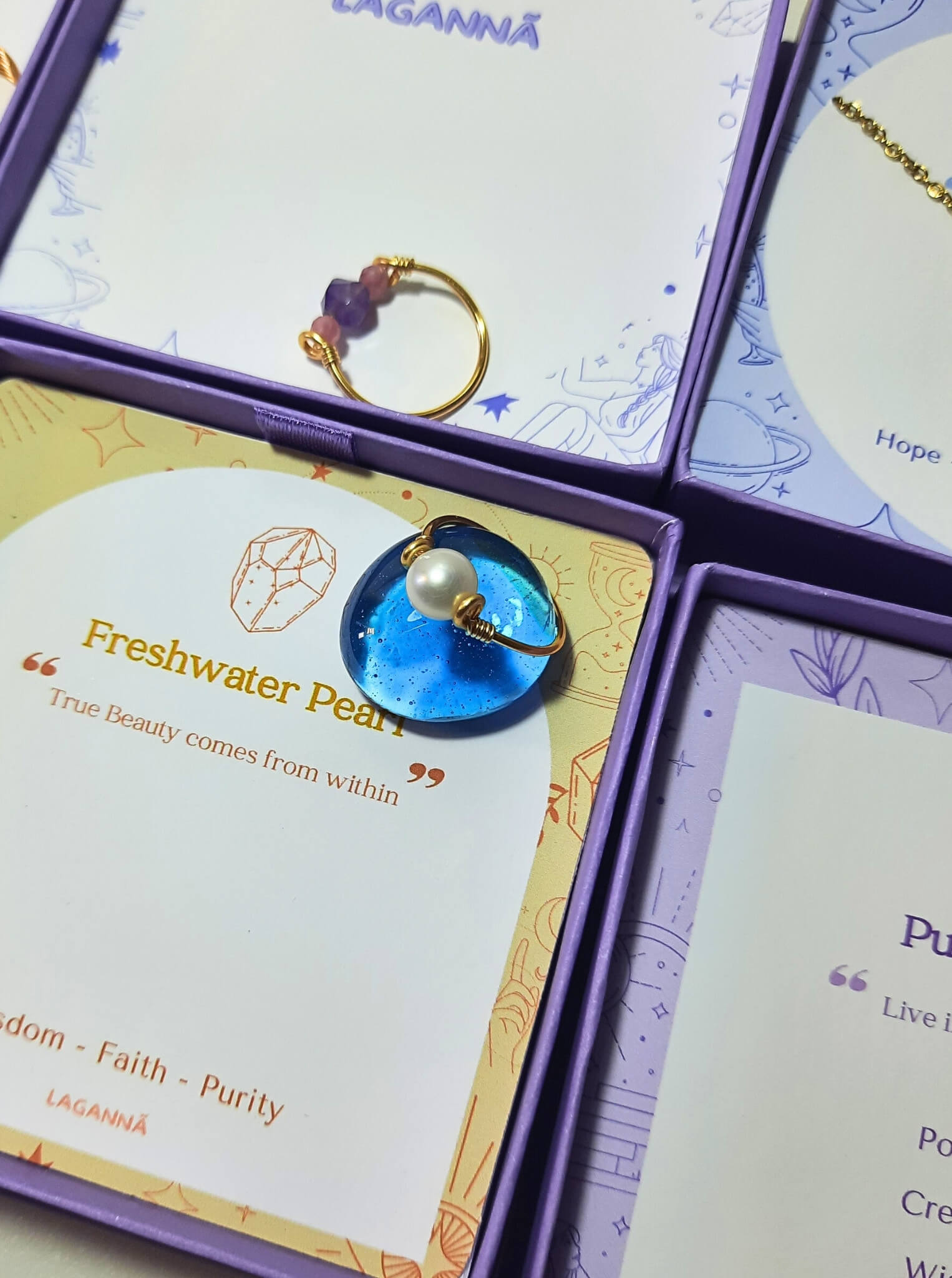 Natural freshwater pearl dainty ring in gold wire wrapped design with Laganna jewelry box, handmade Sri Lankan pearl jewelry for grace, serenity, and emotional balance