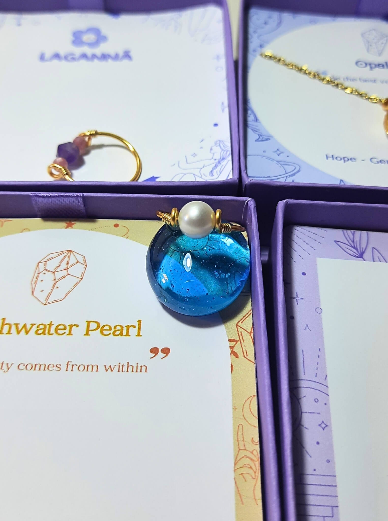 Freshwater pearl dainty ring in gold wire wrap with Laganna jewelry box packaging, handmade Sri Lankan pearl jewelry gift for elegance, grace, and feminine energy