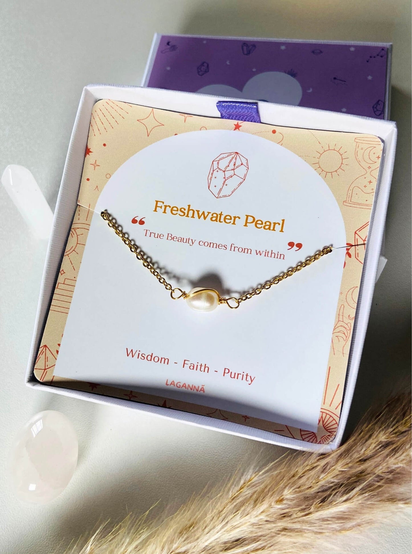 Handmade freshwater pearl bracelet in gold wire wrap with jewelry box side view, Sri Lankan pearl jewelry for elegance and feminine energy