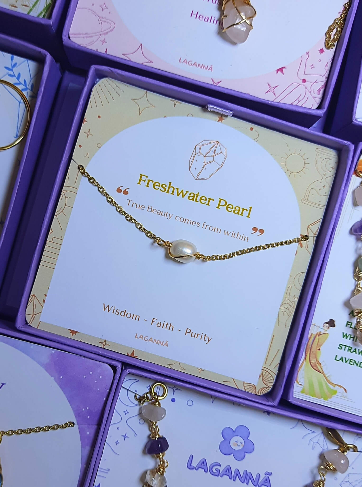 Freshwater pearl bracelet in elegant jewelry box stacked aesthetic styling, handmade Sri Lankan gold wire wrapped jewelry for emotional balance