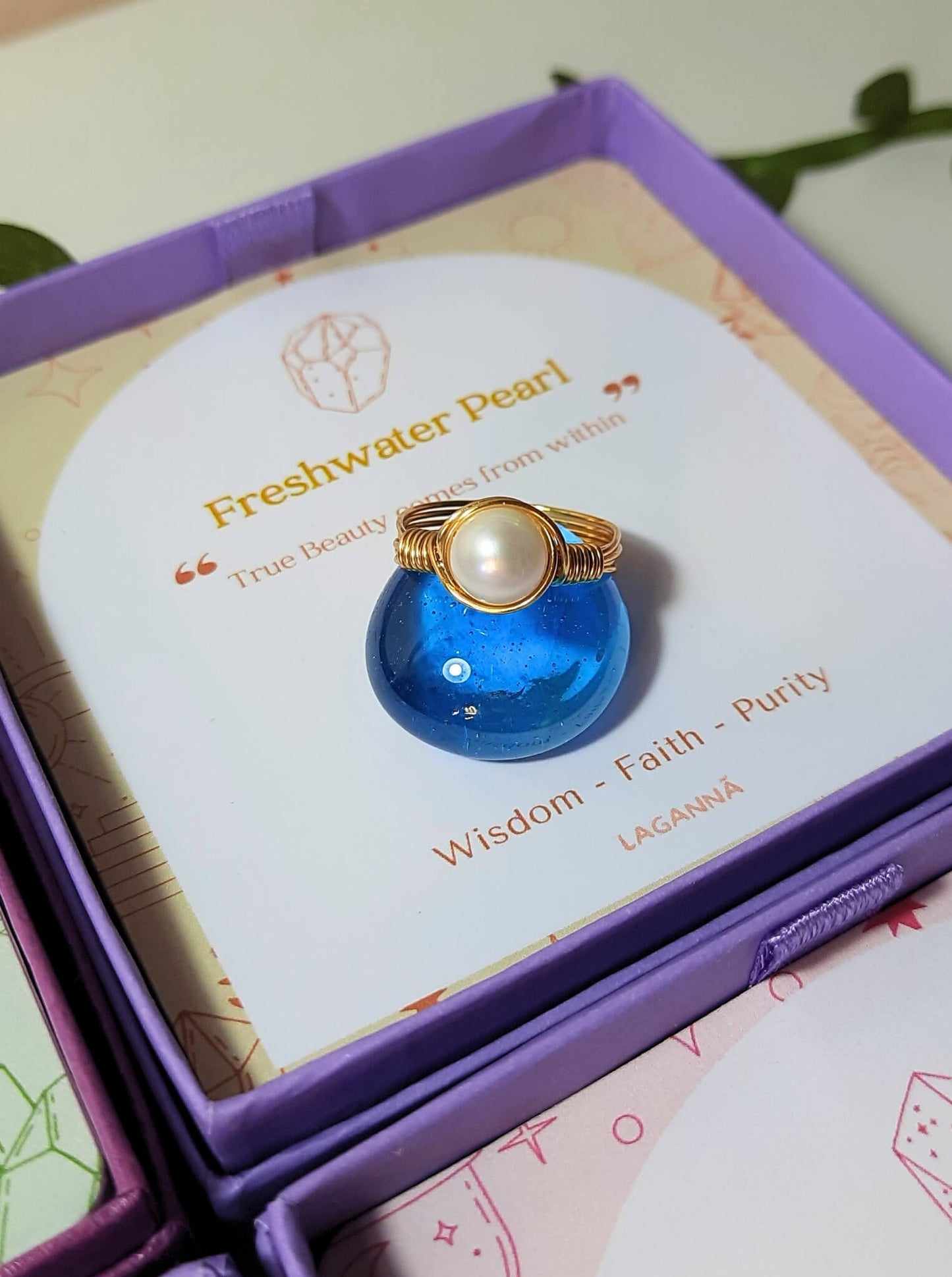 Freshwater pearl ring in gold wire wrap with jewelry box aesthetic styling, handmade Sri Lankan pearl jewelry for elegance and feminine energy