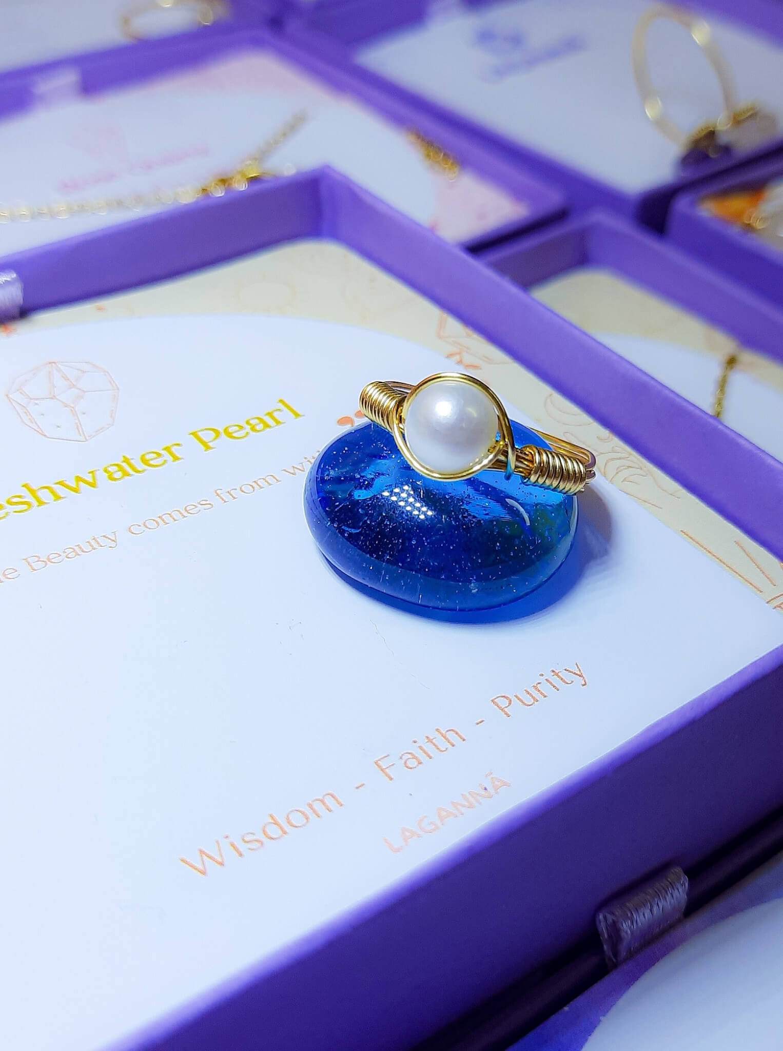 Handmade freshwater pearl ring in gold wire wrap with jewelry box, Sri Lankan artisan jewelry for elegance and feminine energy enhancement
