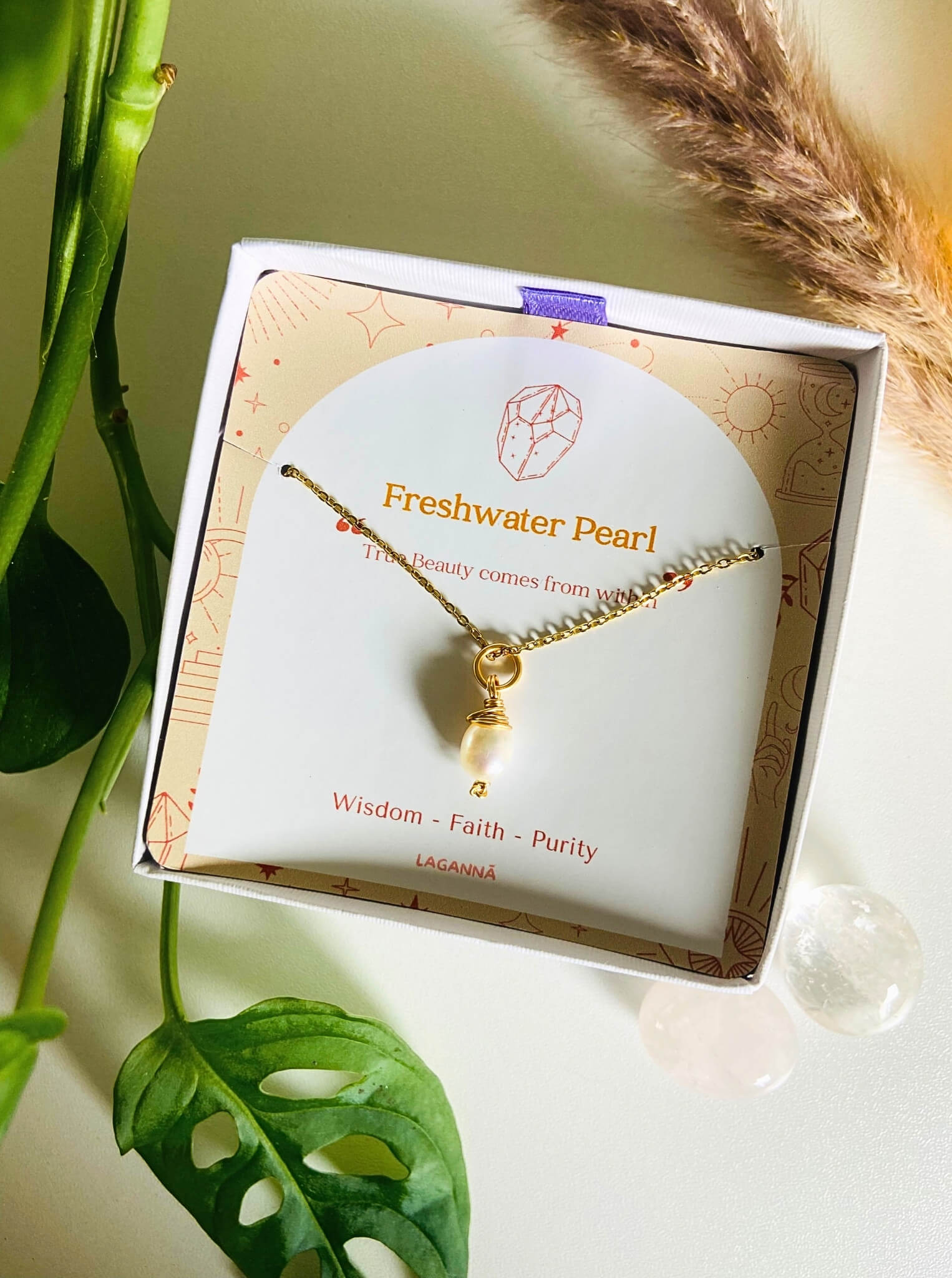Freshwater pearl necklace in gold wire wrapped design with jewelry box wide view, handmade Sri Lankan pearl pendant for purity and grace