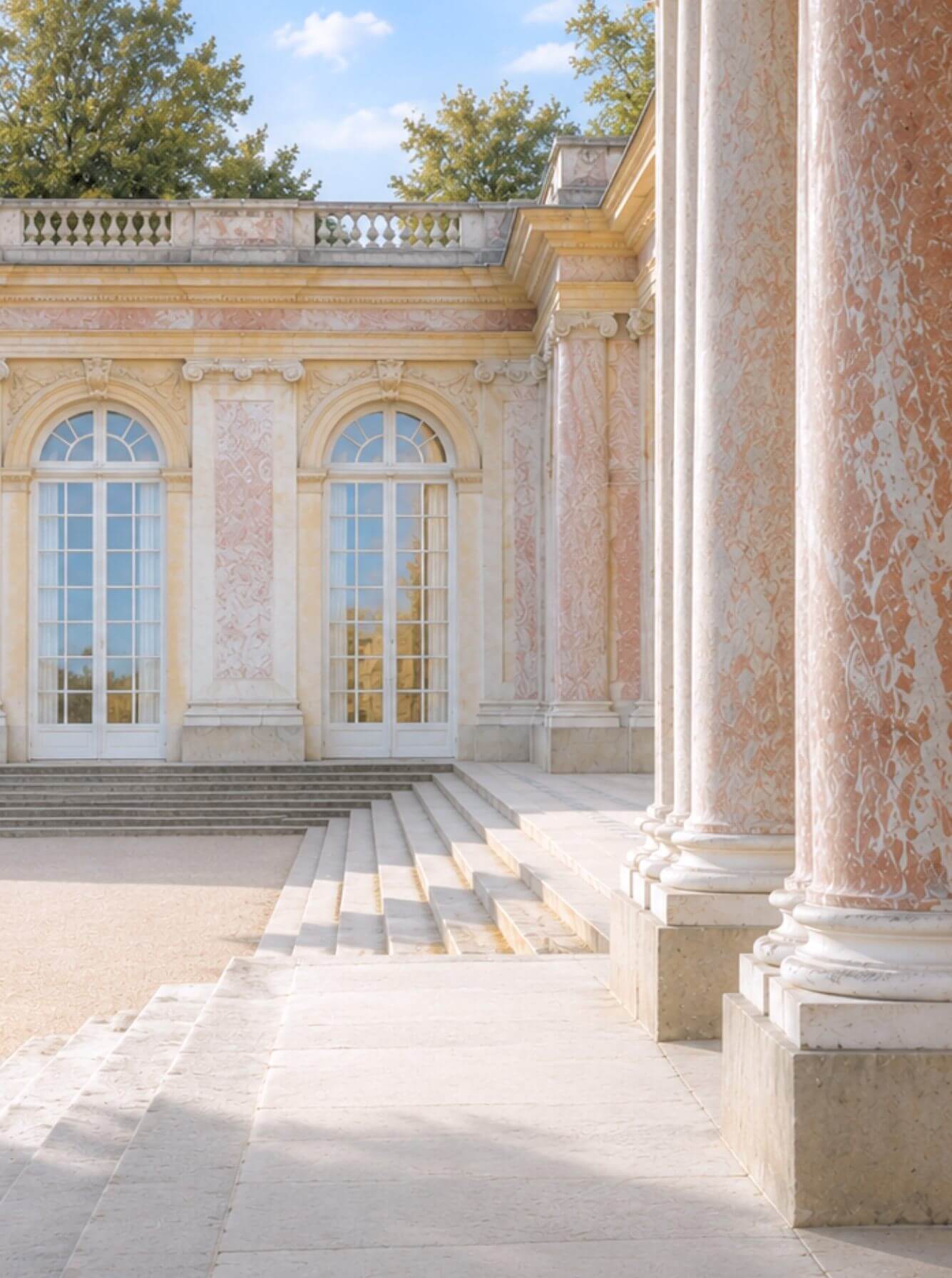Elegant marble columns and arched windows of a French Rococo palace exterior inspired by the Grand Trianon at Versailles, warm stone tones and classical architecture in soft natural light