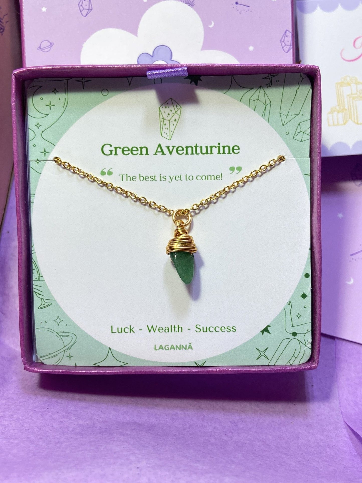 Laganna handmade green aventurine irregular stone gold necklace for luck, wealth and success on Laganna display card in purple box