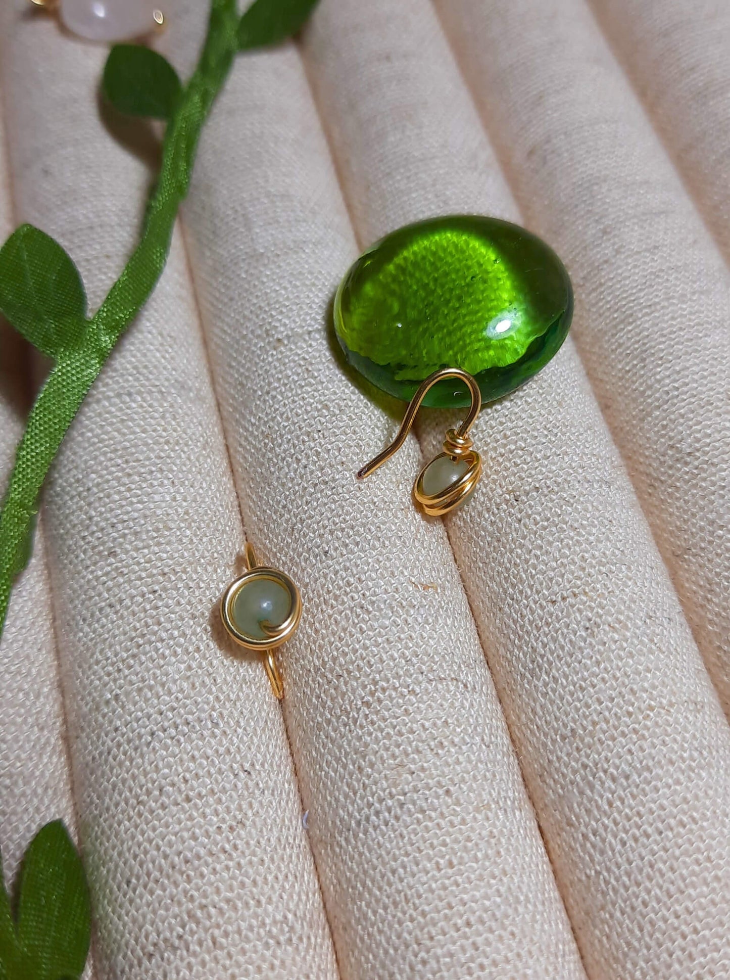 Green Aventurine Mini Round Stud Earrings close-up detail showing natural green stone shimmer - handmade wire-wrapped crystal healing jewelry from Sri Lanka for abundance and good fortune
