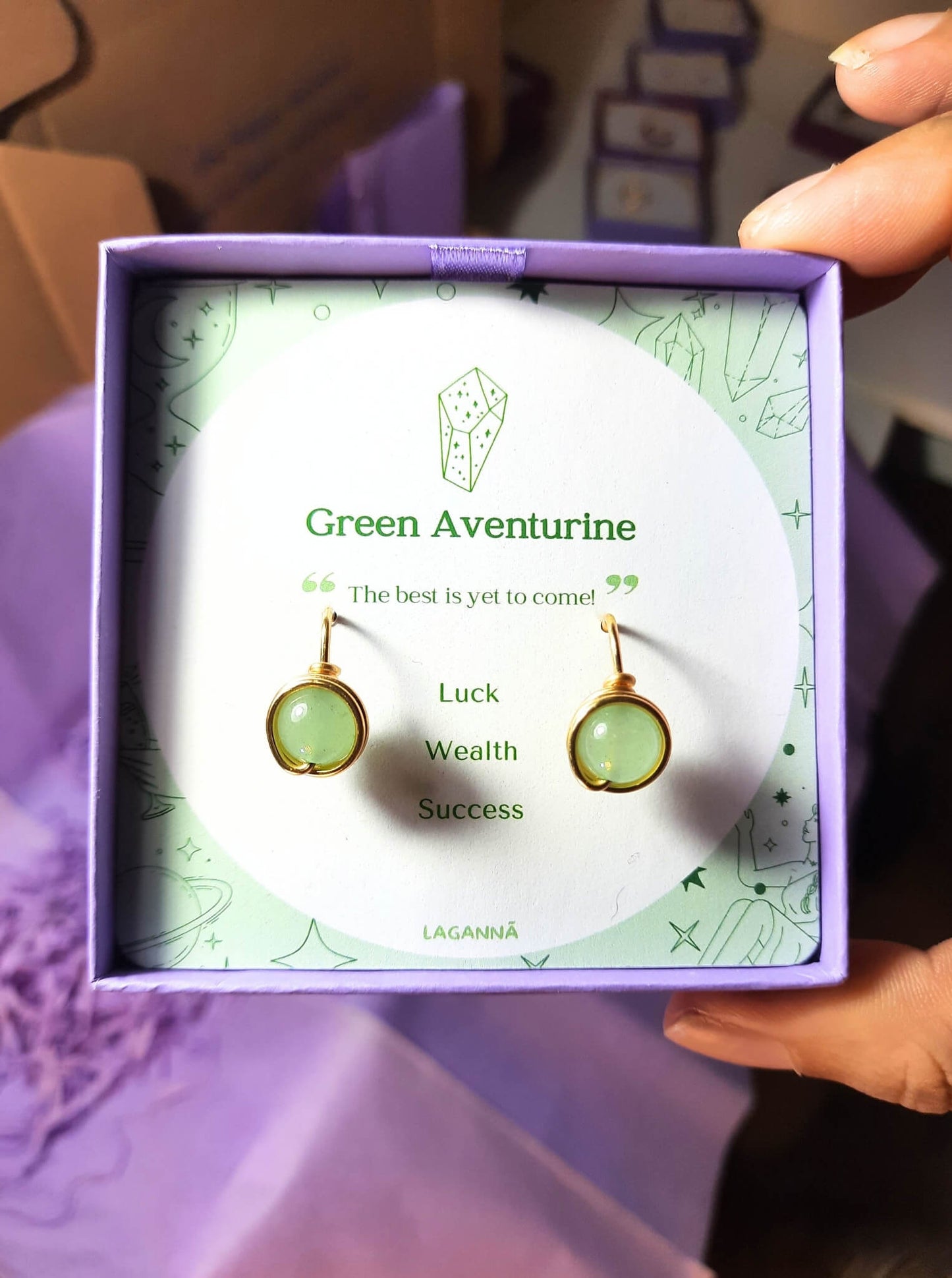 Green Aventurine Statement Round Stud Earrings close-up detail showing natural green stone shimmer - handmade wire-wrapped crystal healing jewelry from Sri Lanka for abundance and good fortune
