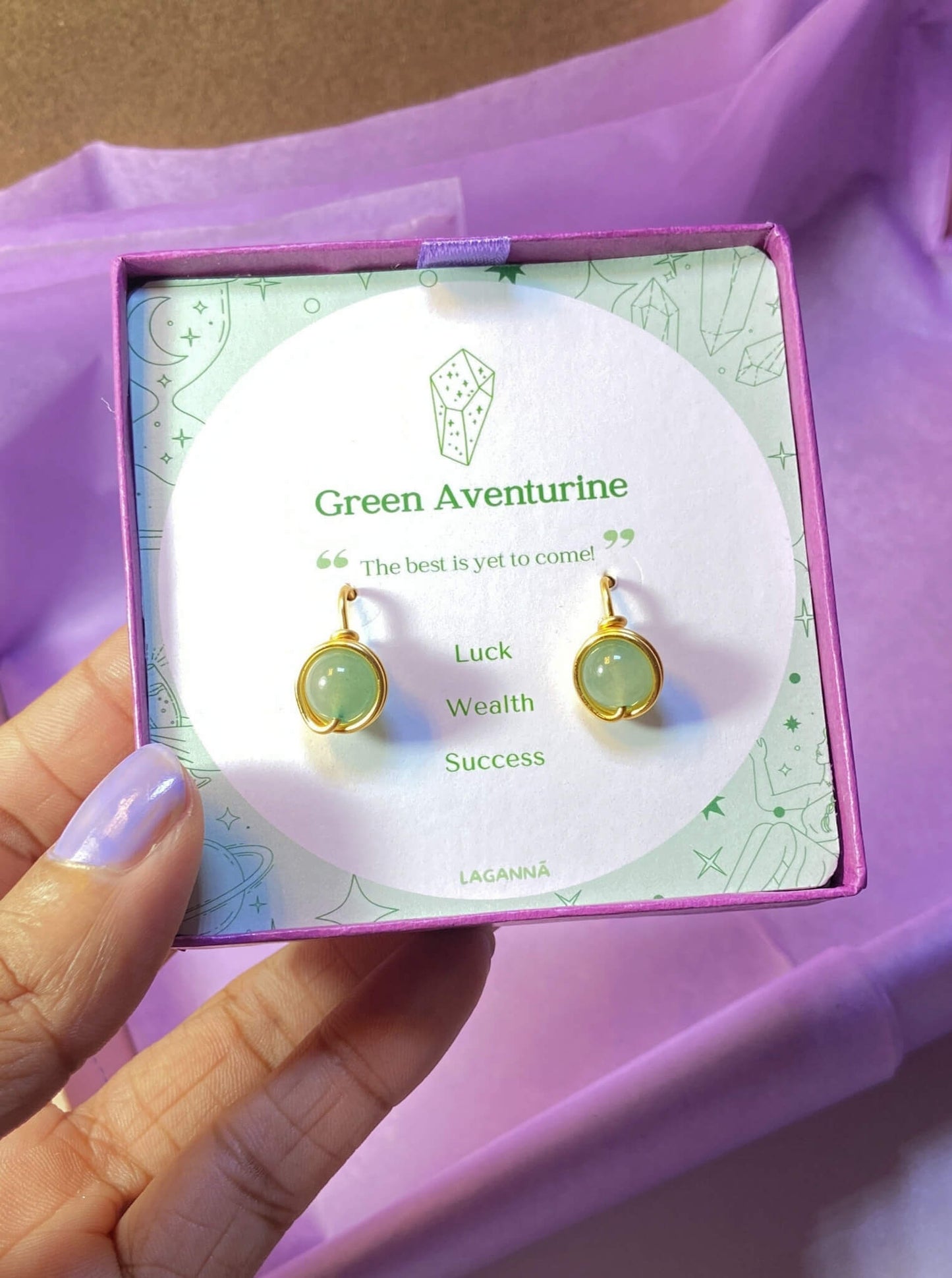 Green Aventurine Statement Round Stud Earrings lifestyle display - handcrafted wire-wrapped healing crystal jewelry from Sri Lanka for attracting opportunity, confidence, and optimistic growth
