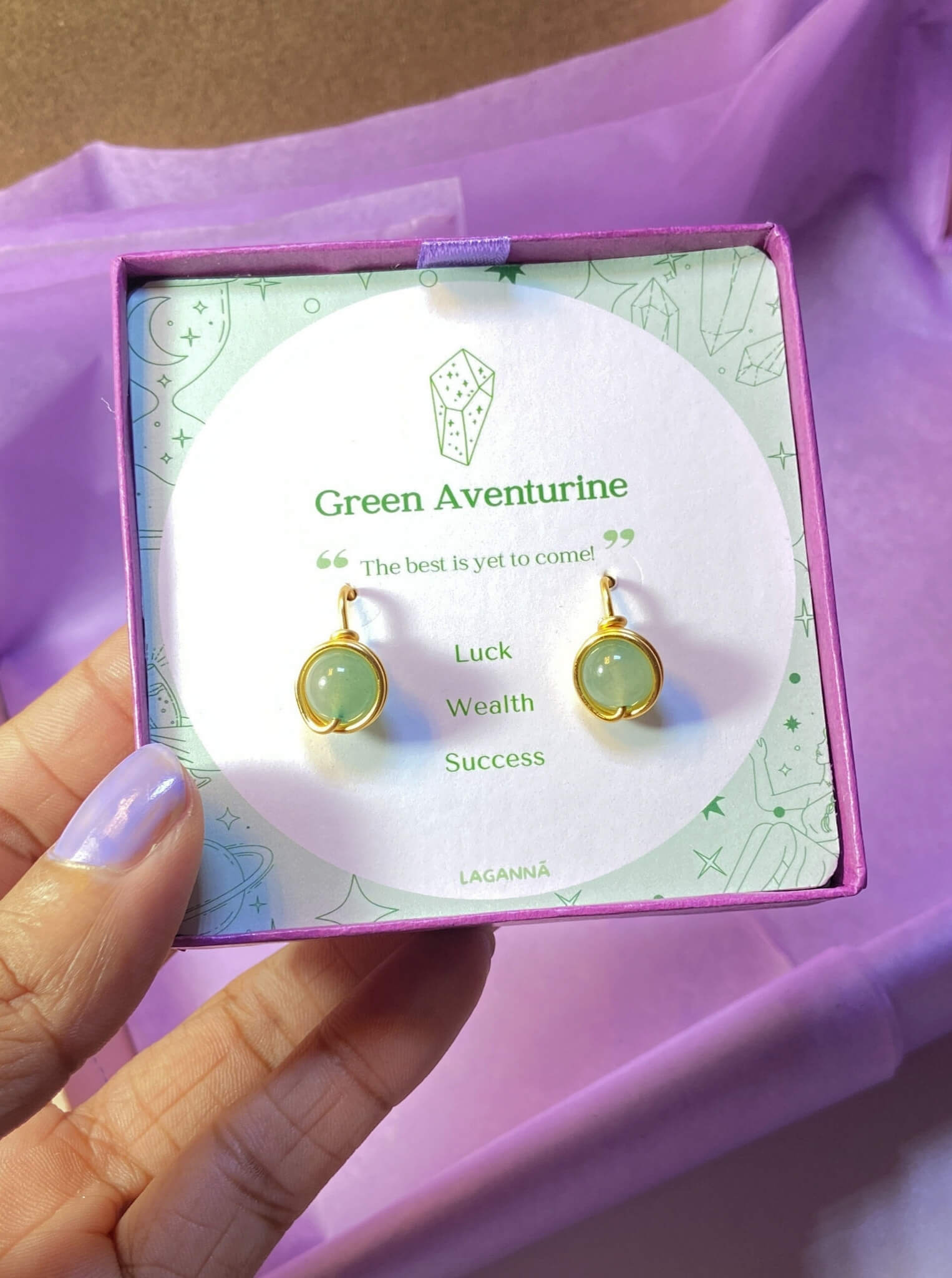 Green Aventurine Statement Round Stud Earrings lifestyle display - handcrafted wire-wrapped healing crystal jewelry from Sri Lanka for attracting opportunity, confidence, and optimistic growth
