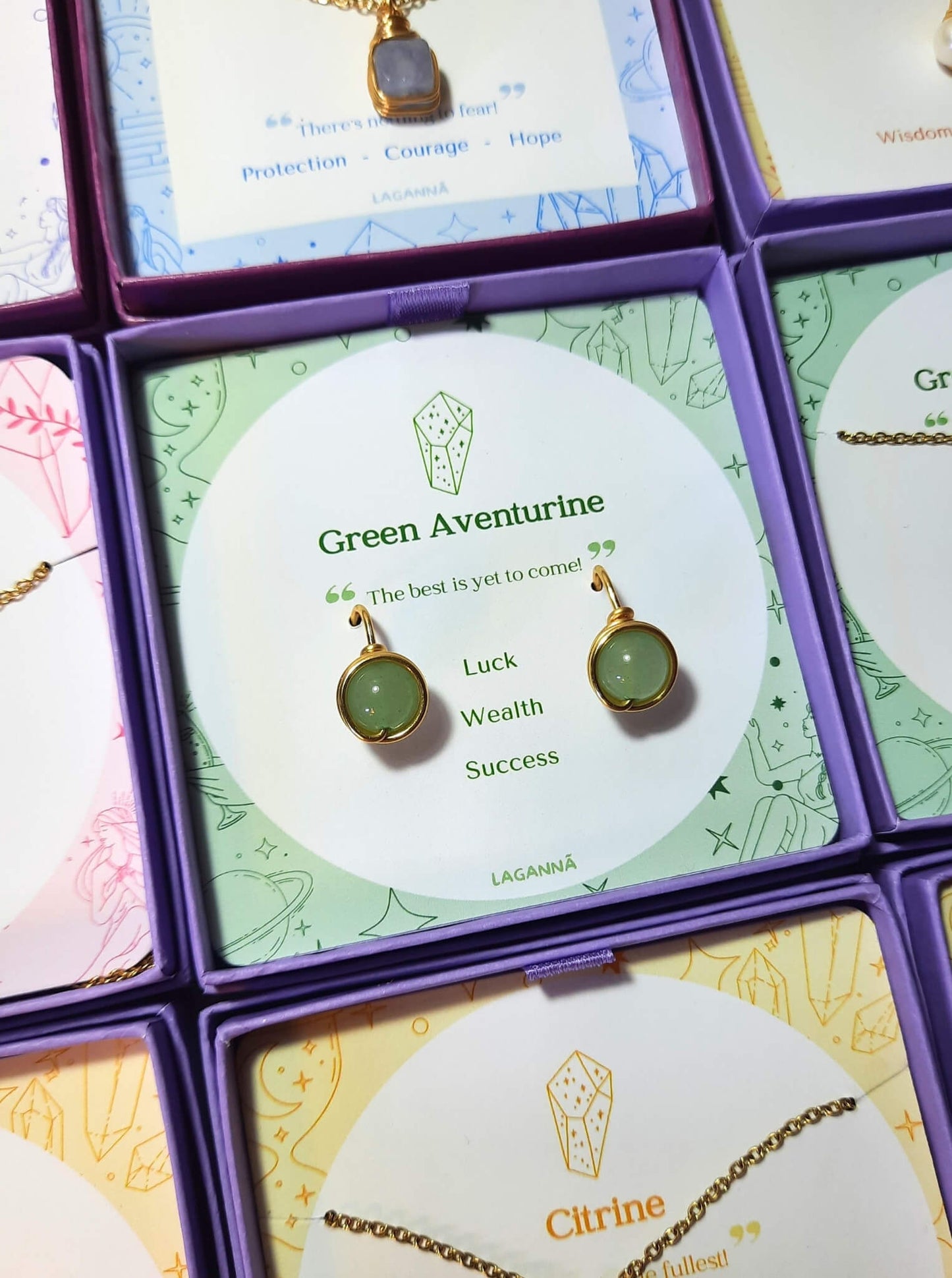 Green Aventurine Statement Round Stud Earrings packaging with crystal meaning card - handcrafted wire-wrapped healing jewelry gift from Sri Lanka featuring natural green aventurine stone for luck, wealth, and success
