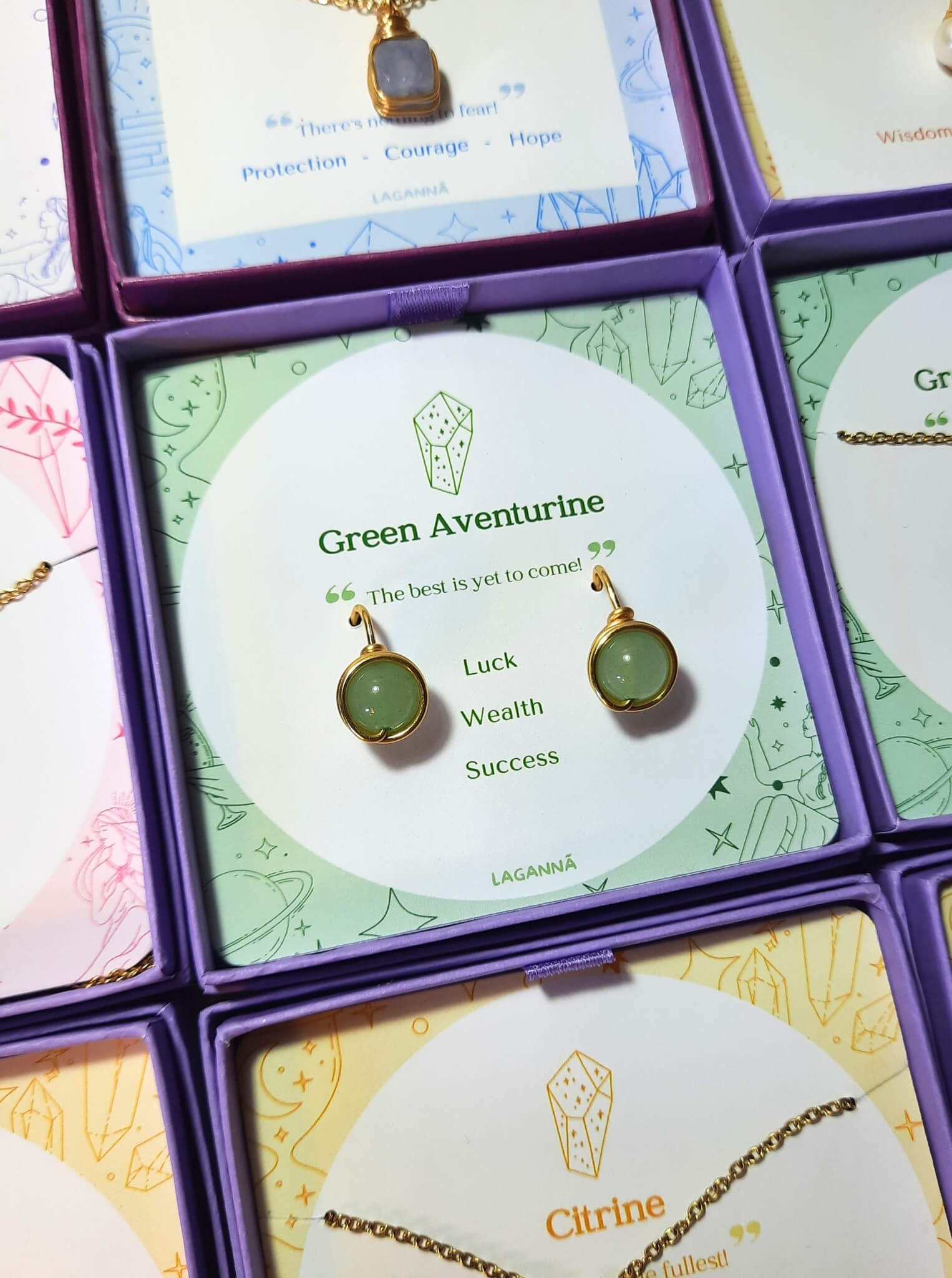 Green Aventurine Statement Round Stud Earrings packaging with crystal meaning card - handcrafted wire-wrapped healing jewelry gift from Sri Lanka featuring natural green aventurine stone for luck, wealth, and success
