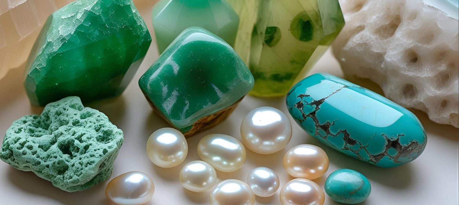 Abundance gemstone collection featuring Green Aventurine for luck, Green Agate for balance, Turquoise for wisdom, and Freshwater Pearls for grace
