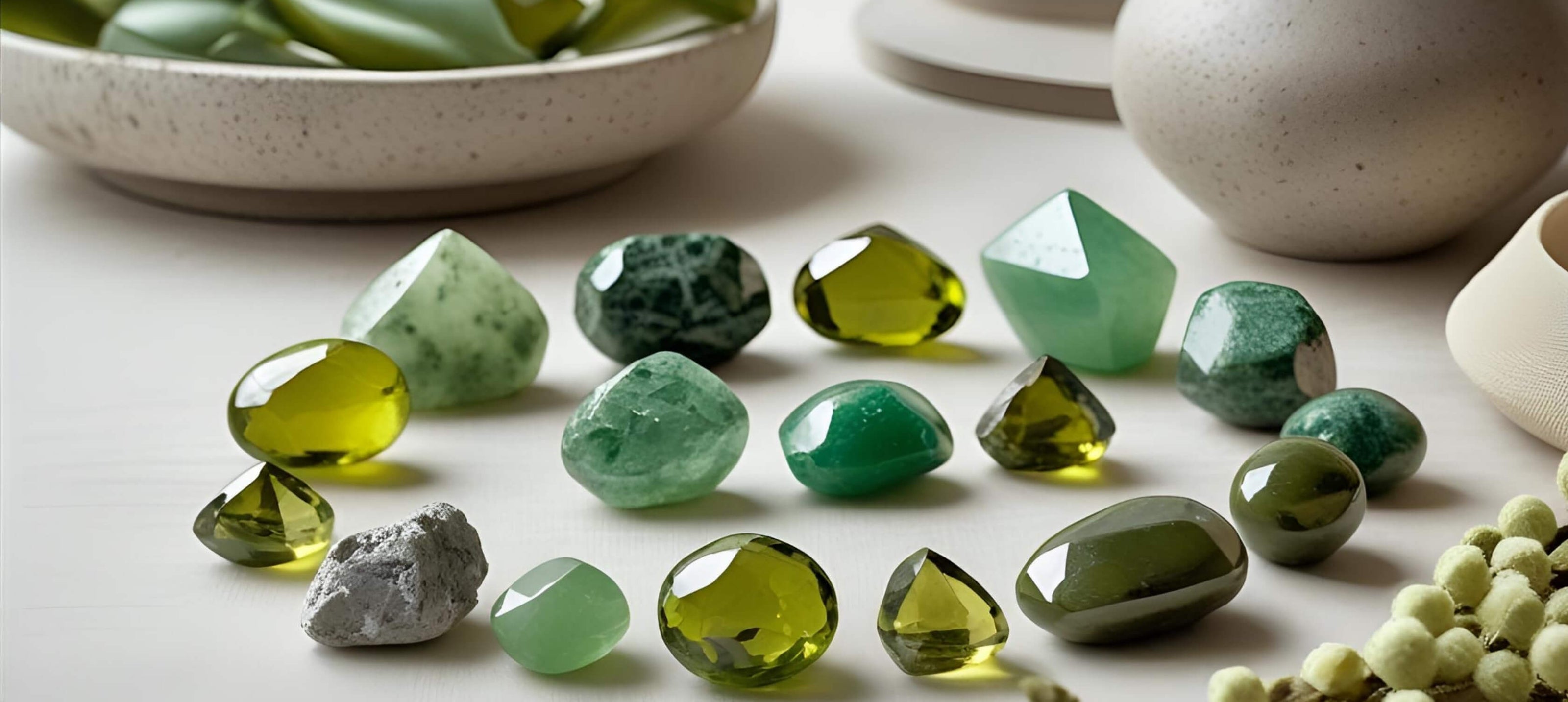 Green healing stones including Green Aventurine, Peridot, Olive Jade, Green Agate, and Malachite arranged to highlight natural colour and texture.
