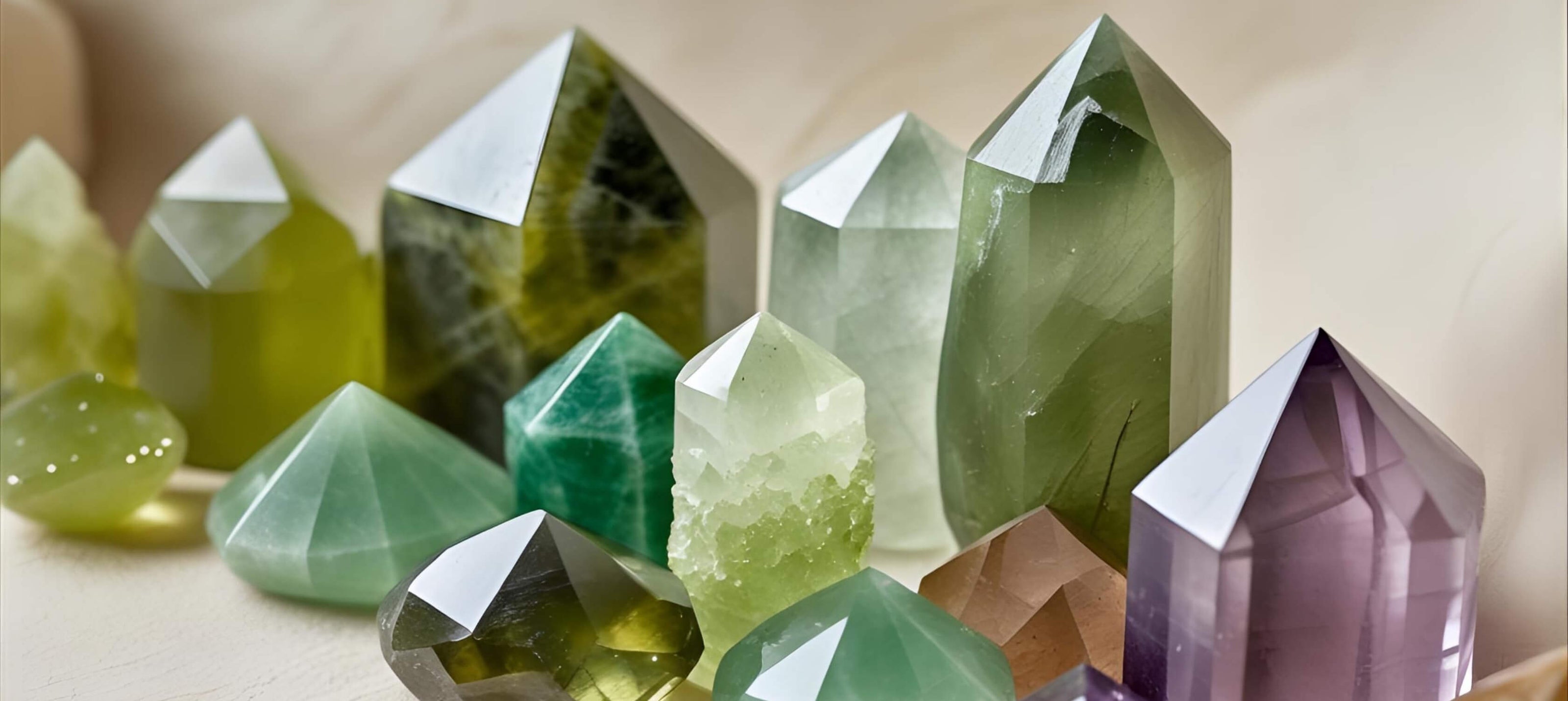 Growth gemstone collection featuring Olive Jade, Peridot, Green Chalcedony, Ametrine, Purple Chalcedony, Citrine, and Frosted Agate.