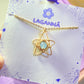 Blue chalcedony heavenly star necklace displayed on elegant Laganna card, showcasing celestial gold wire wrapped design - handmade healing crystal jewelry from Sri Lanka for hope and spiritual clarity