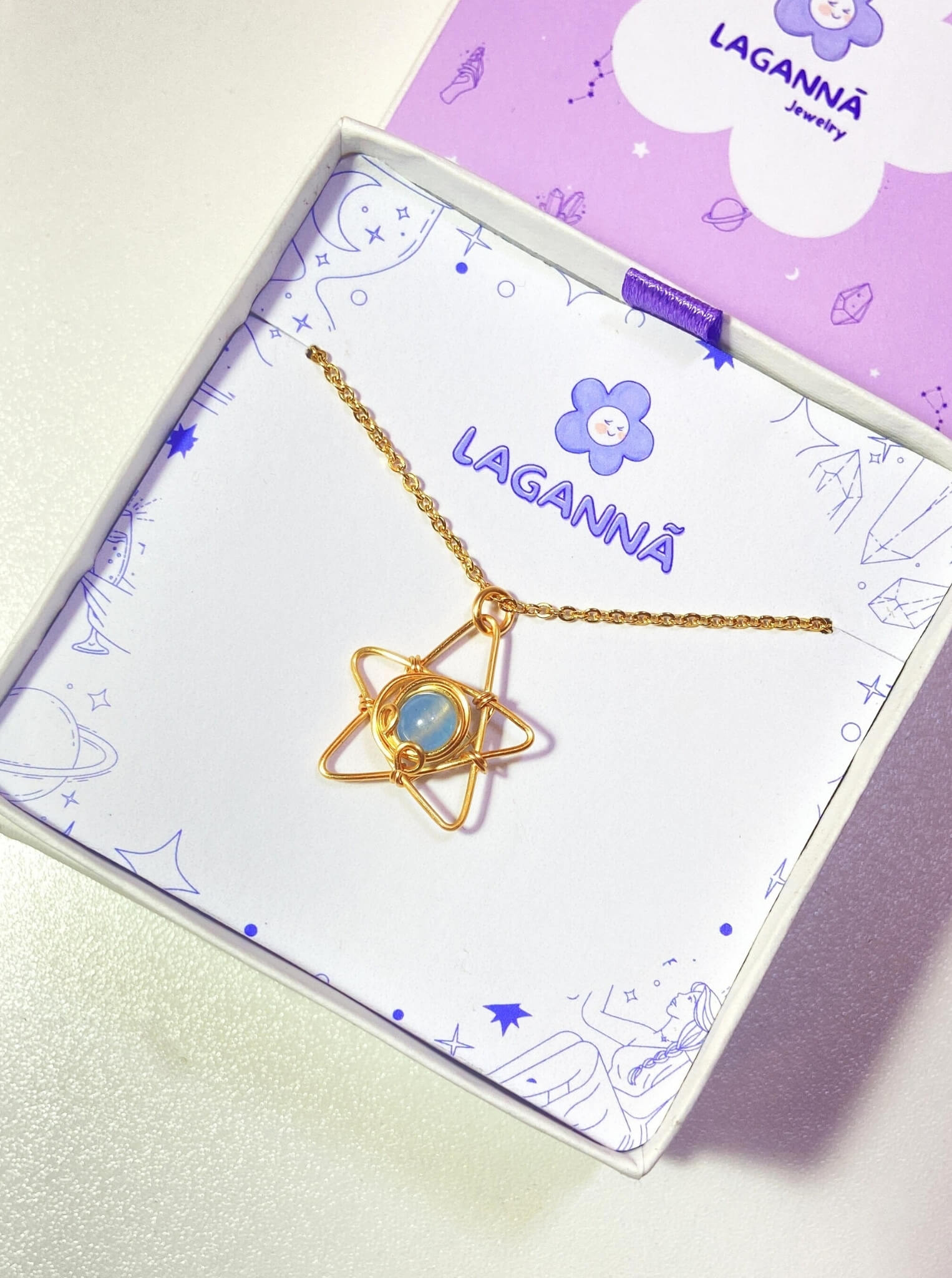 Beautiful heavenly blue star necklace with blue chalcedony on clean white background side view, featuring delicate celestial gold wire wrapping - artisan-crafted healing crystal jewelry handmade in Sri Lanka by Laganna