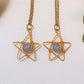 Two Heavenly Blue Star Necklaces blue chalcedony gold wire wrapped star pendants side by side flat lay, handmade healing crystal necklace Sri Lanka – peace hope optimism gift for her
