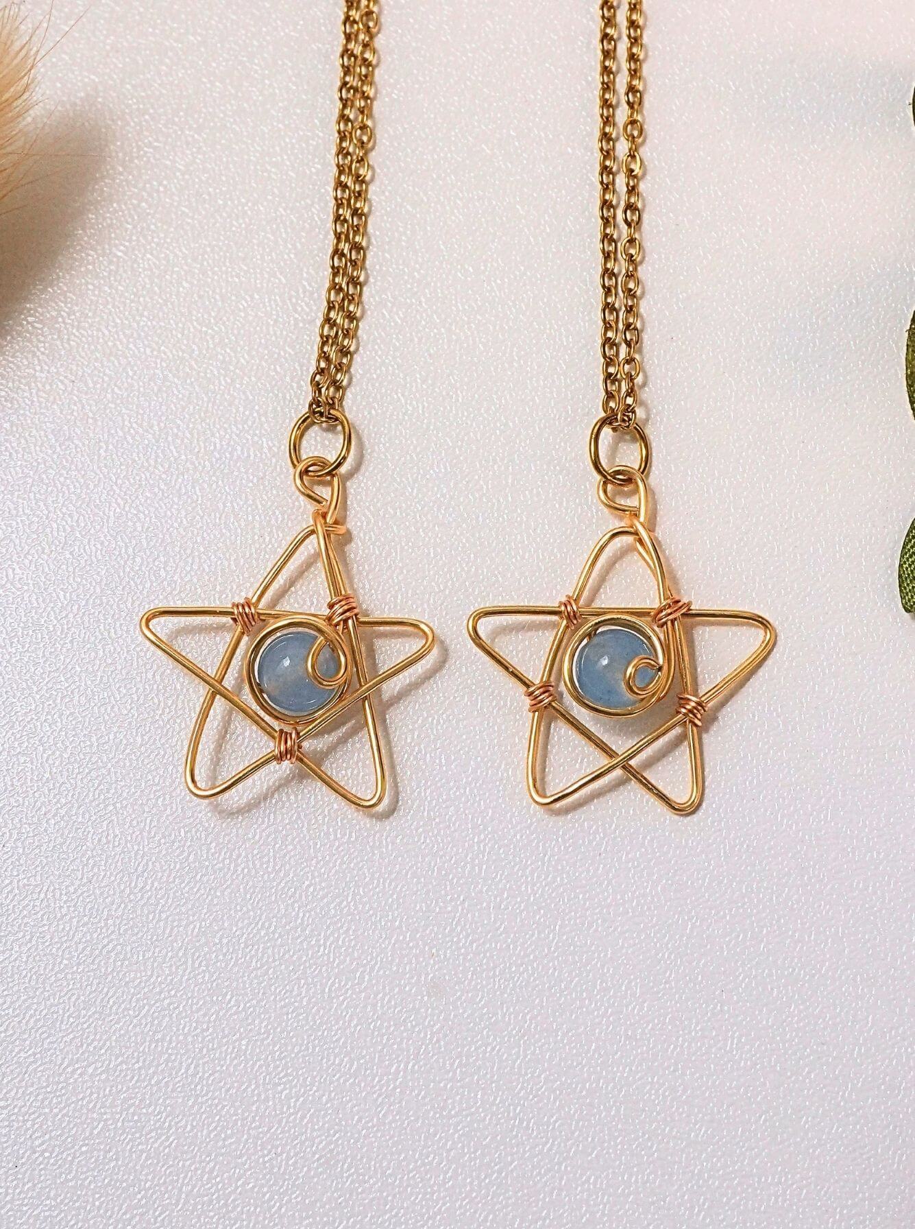 Two Heavenly Blue Star Necklaces blue chalcedony gold wire wrapped star pendants side by side flat lay, handmade healing crystal necklace Sri Lanka – peace hope optimism gift for her

