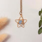 Heavenly Blue Star Necklace with Blue Chalcedony stone cradled in a gold wire star pendant, handmade healing crystal necklace for calm and clarity, Laganna Sri Lanka
