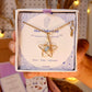 Heavenly Blue Star Necklace with Blue Chalcedony in Laganna gift box with crystal meaning card showing Peace Hope Optimism, handmade healing crystal necklace for calm and clarity, Sri Lanka