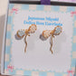 Japanese Miyuki Delica bow earrings gold wire-wrapped powder blue cream glass beads in Laganna gift box, handmade artisan jewelry Sri Lanka
