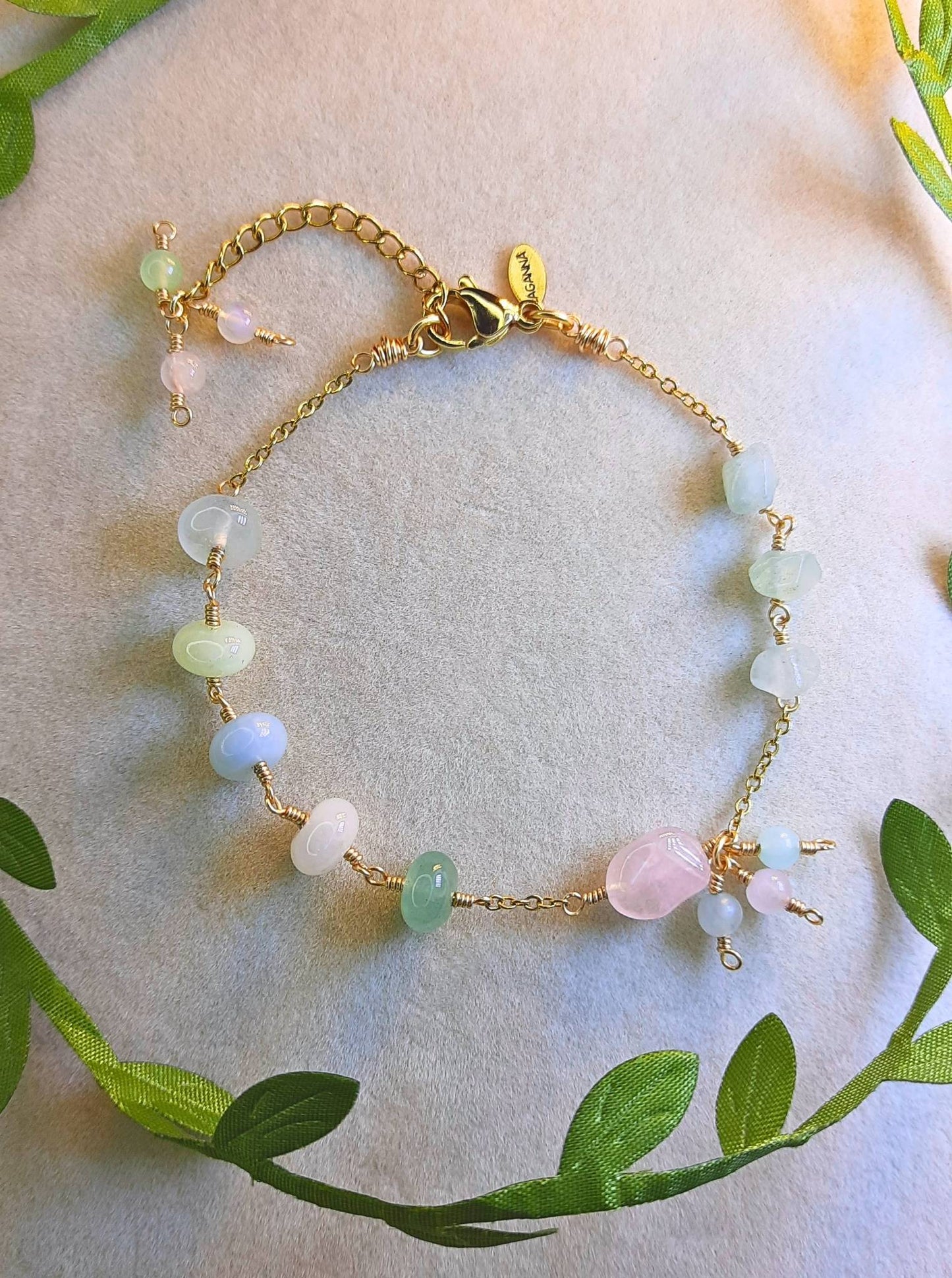 Handmade Jeju Flower Bracelet featuring wire-wrapped rose quartz and green aventurine healing stones, inspired by Korean K-drama culture and buckwheat flower symbolism, artisan jewelry crafted in Sri Lanka