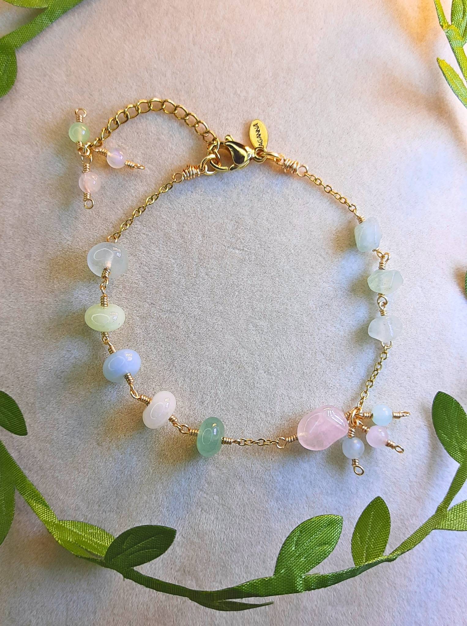 Handmade Jeju Flower Bracelet featuring wire-wrapped rose quartz and green aventurine healing stones, inspired by Korean K-drama culture and buckwheat flower symbolism, artisan jewelry crafted in Sri Lanka