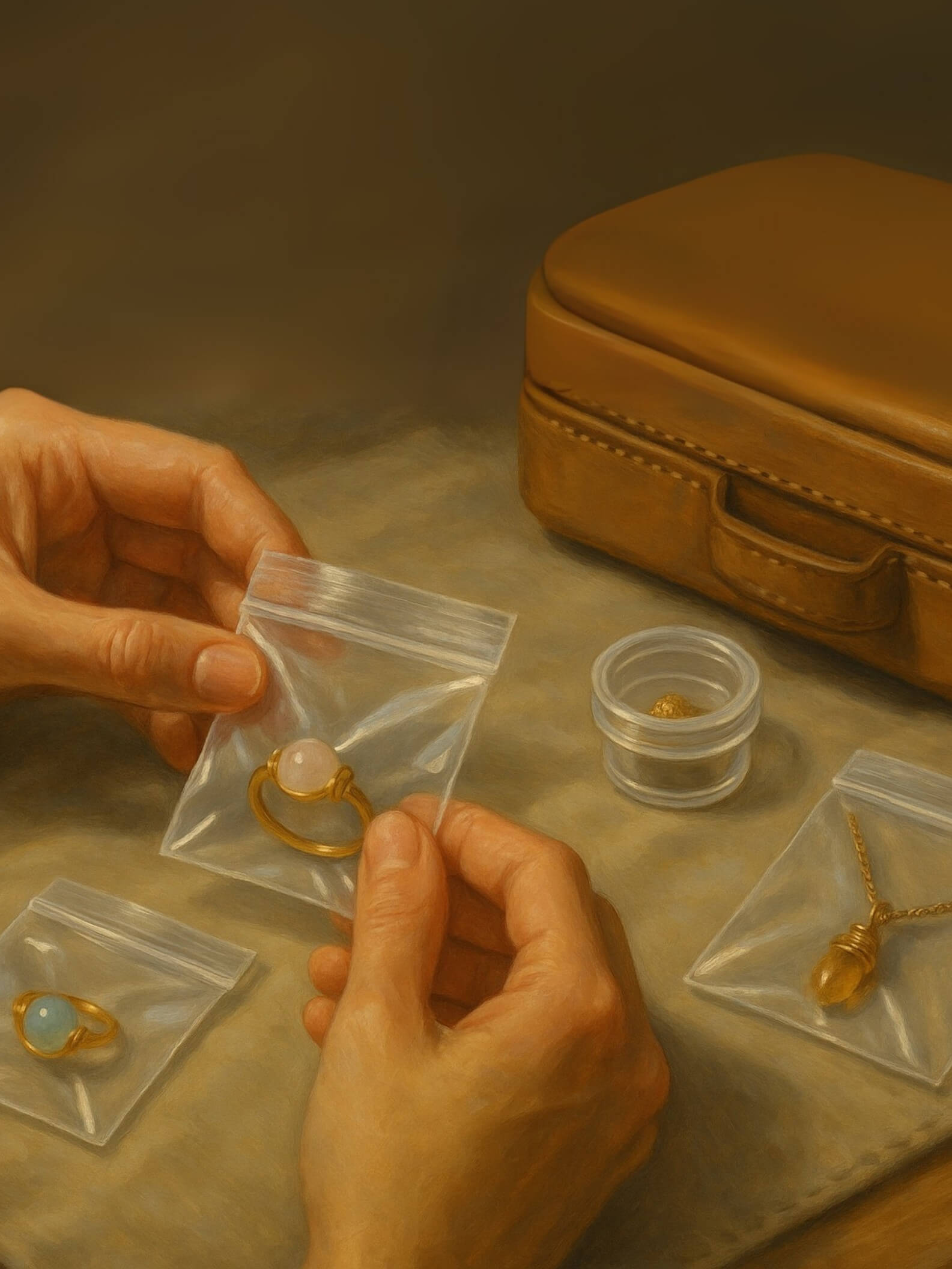 Laganna jewelry travel care guide showing proper packing technique with individual protective pouches for gold rings and gemstone pieces - essential travel jewelry storage tips to prevent damage and scratches while traveling from Sri Lanka 