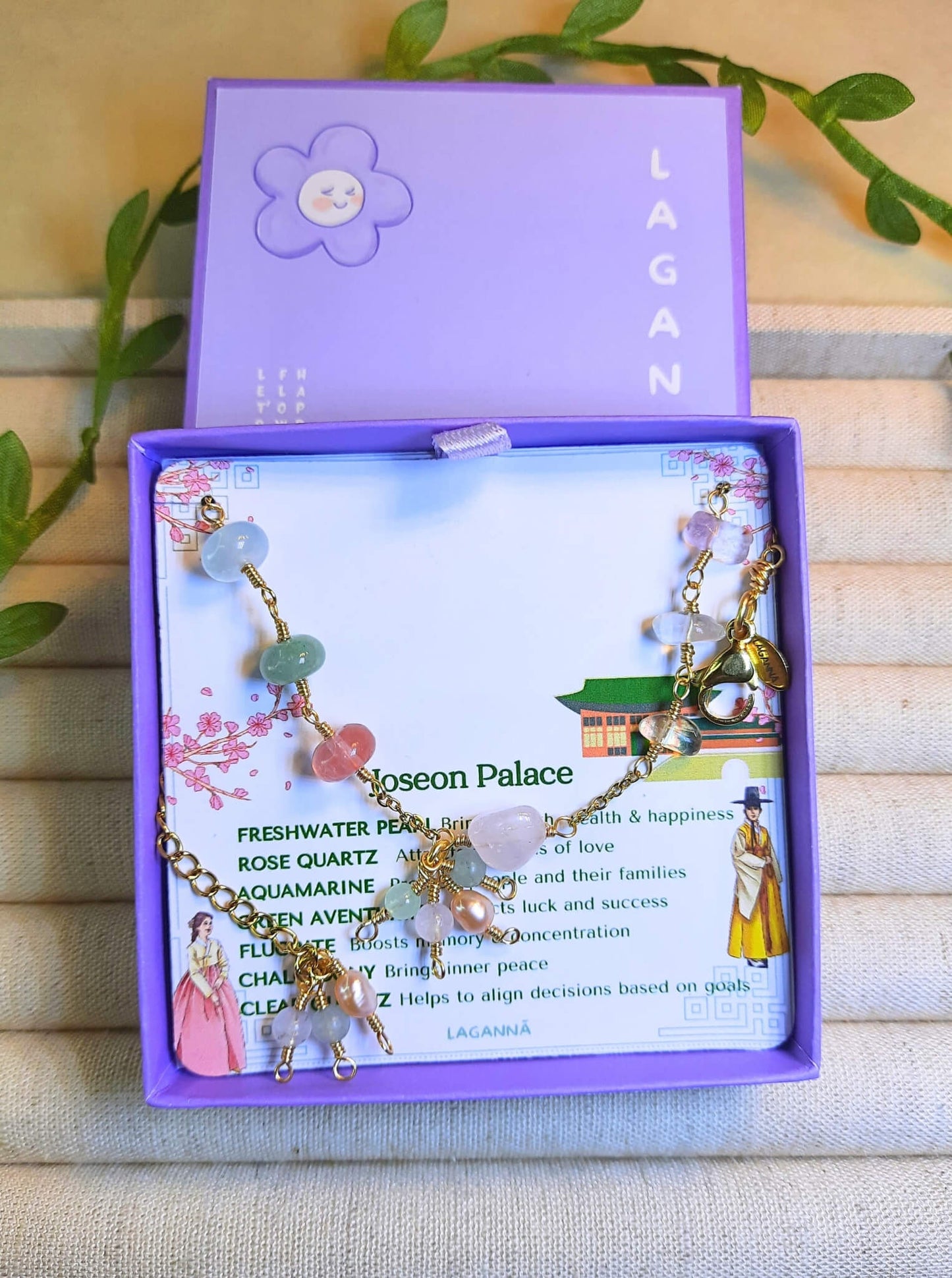 Joseon Palace Bracelet displayed in elegant jewelry box showcasing wire-wrapped gold design with healing stones fluorite, chalcedony, and strawberry quartz, Korean palace-inspired handmade jewellery from Sri Lanka