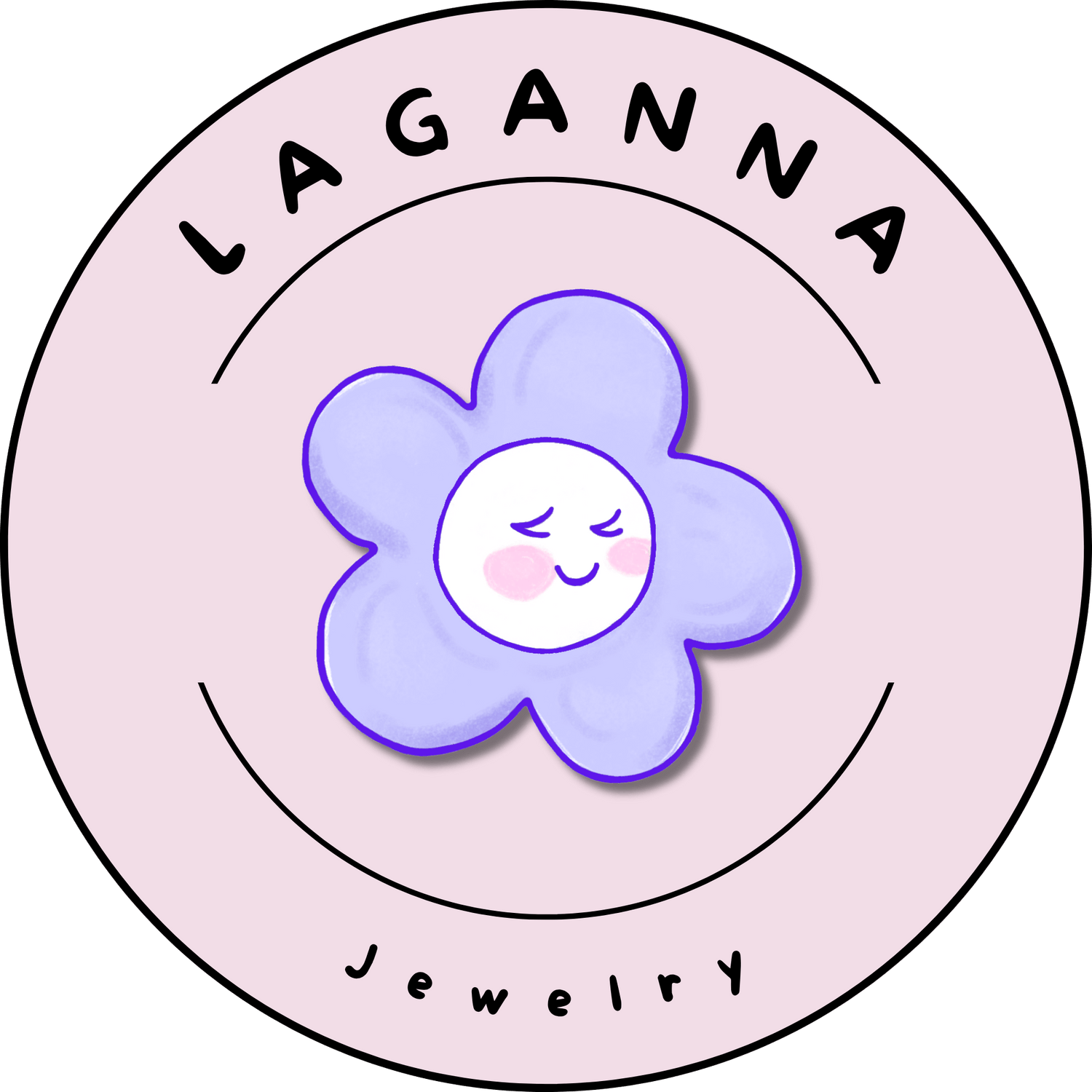 Laganna Jewelry logo with a purple flower character on a pink background