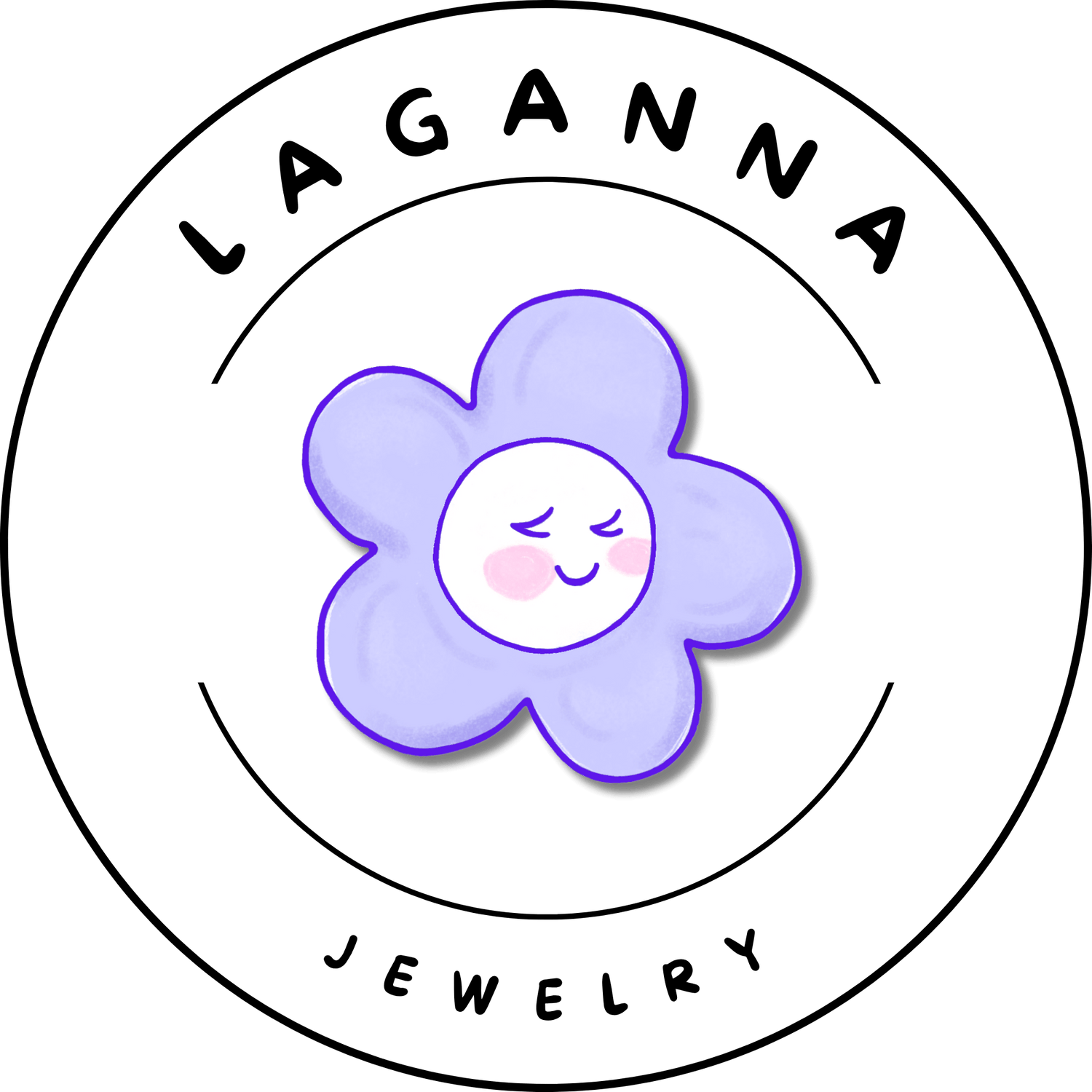 Purple flower-shaped character with a smiling face on a black background laganna jewelry logo