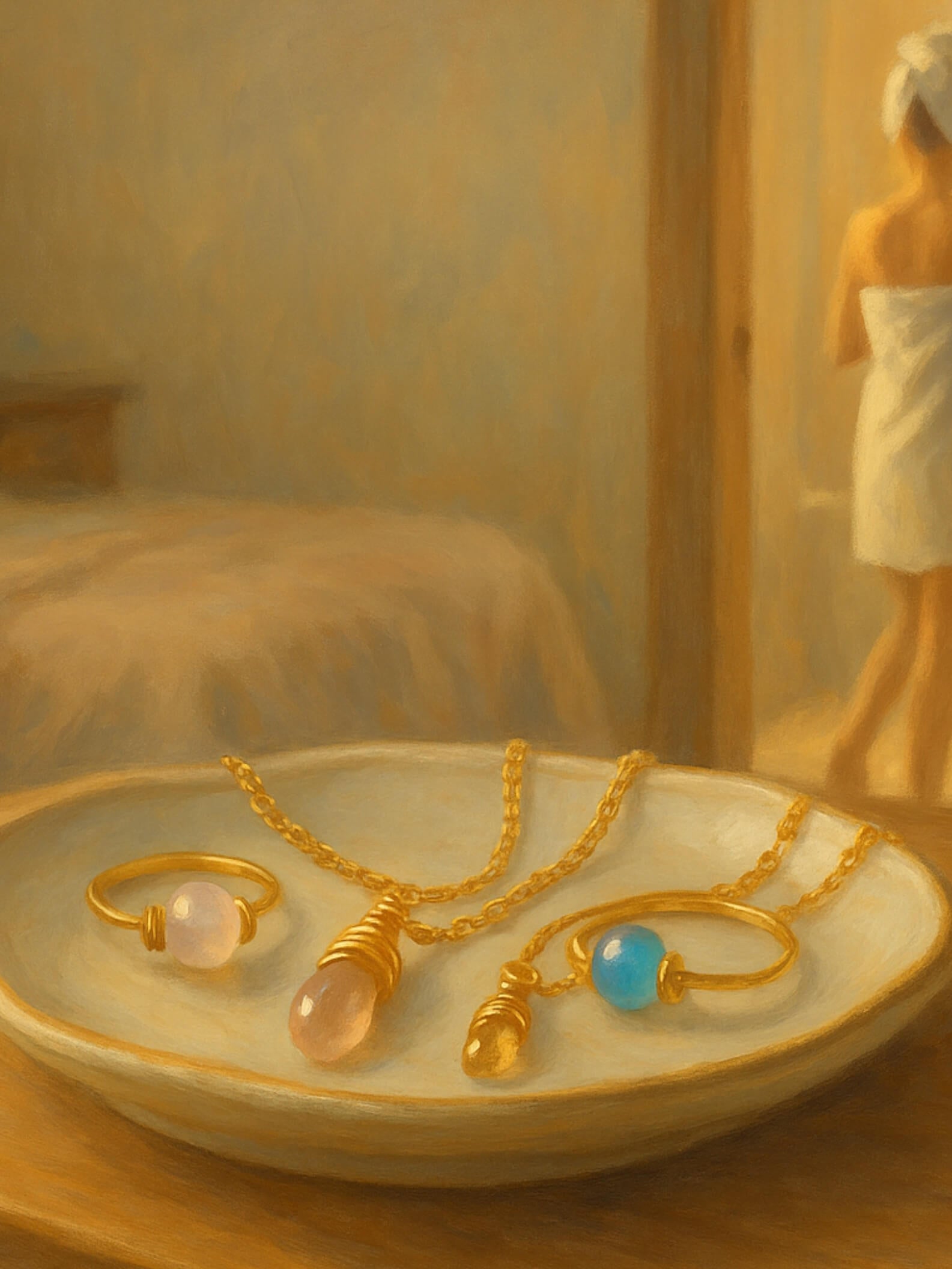 aganna gold jewelry with rose quartz and turquoise gemstone rings and chain necklaces properly stored in dry ceramic jewelry tray - essential jewelry care guide for keeping precious metals and gemstones dry to prevent tarnishing and damage