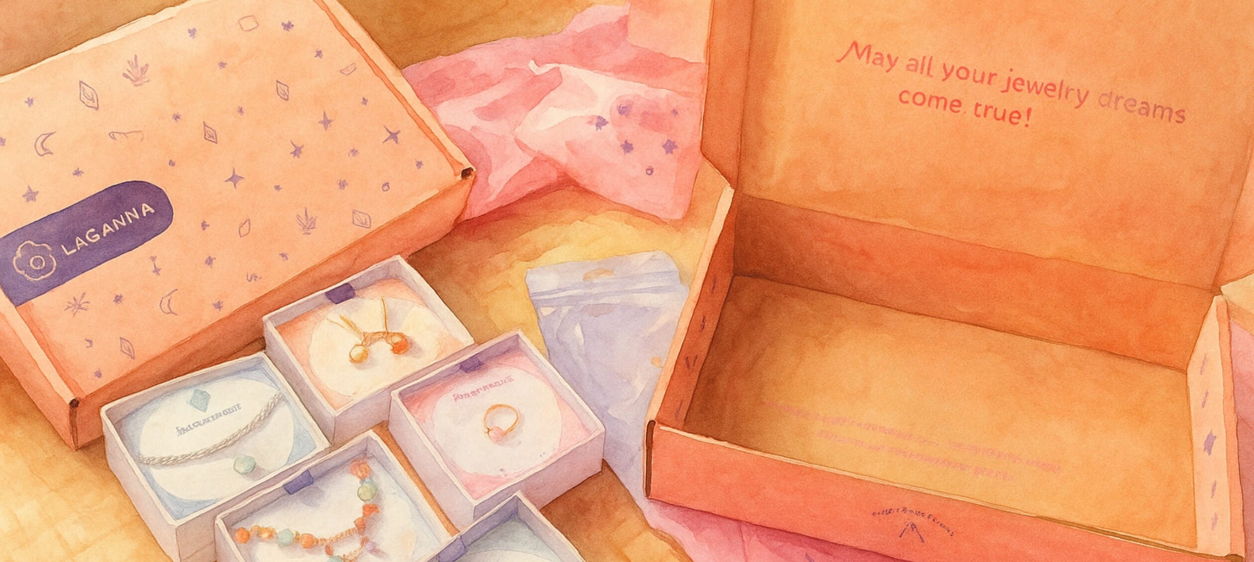 Laganna luxury jewelryunboxing experience featuring elegant coral peach packaging with mystical celestial patterns, containing premium jewelry pieces including gold necklaces, gemstone bracelets, and rings in individual gift boxes with tissue paper, showcasing artisan handcrafted jewelry collection with inspirational message 'May all your jewelry dreams come true' for jewelry lovers and gift recipients
