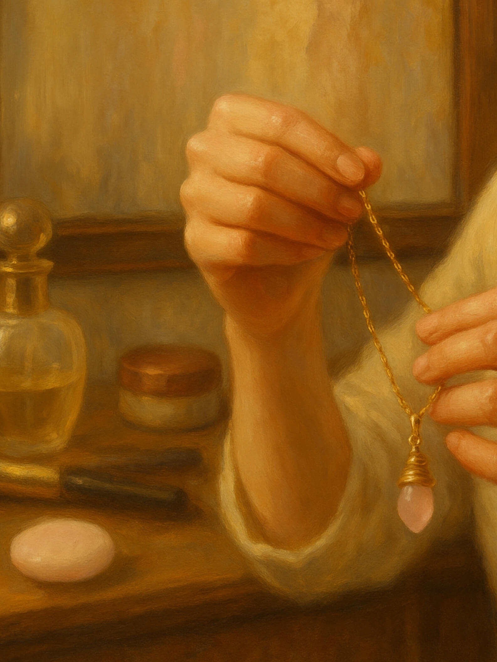 Laganna jewelry care guide demonstrating last thing on first thing off rule with delicate rose quartz pendant necklace being carefully handled - essential jewelry wearing habits to prevent damage and extend jewelry lifespan in Sri Lanka 