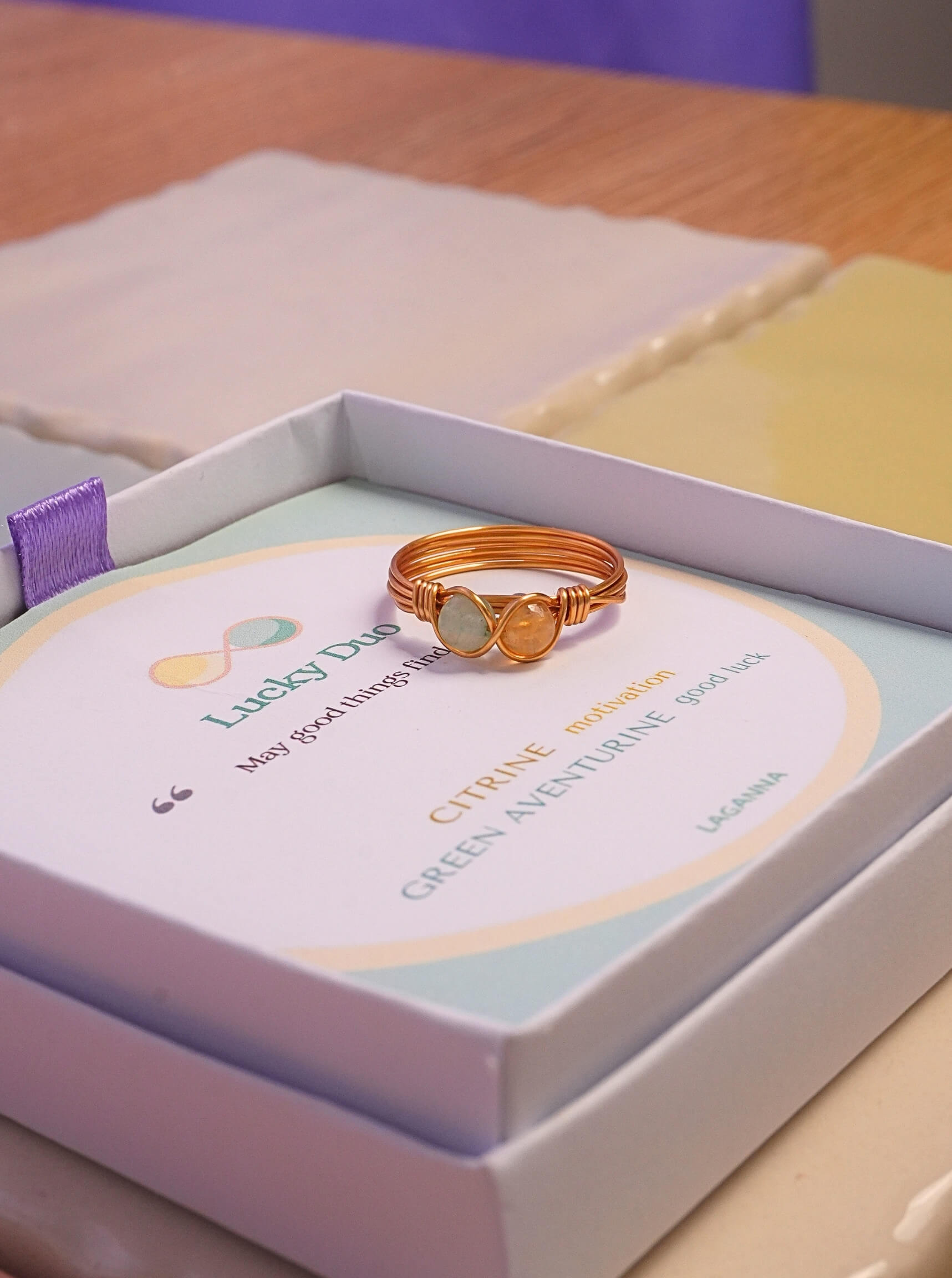 Lucky Duo Ring Green Aventurine and Citrine gold wire infinity wrapped in Laganna gift box Lucky Duo card May good things find you, handmade healing crystal ring Sri Lanka Laganna
