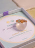 Lucky Duo Ring Green Aventurine and Citrine gold wire infinity wrapped displayed on rose quartz sphere Laganna gift box, handmade healing crystal ring Sri Lanka Laganna
