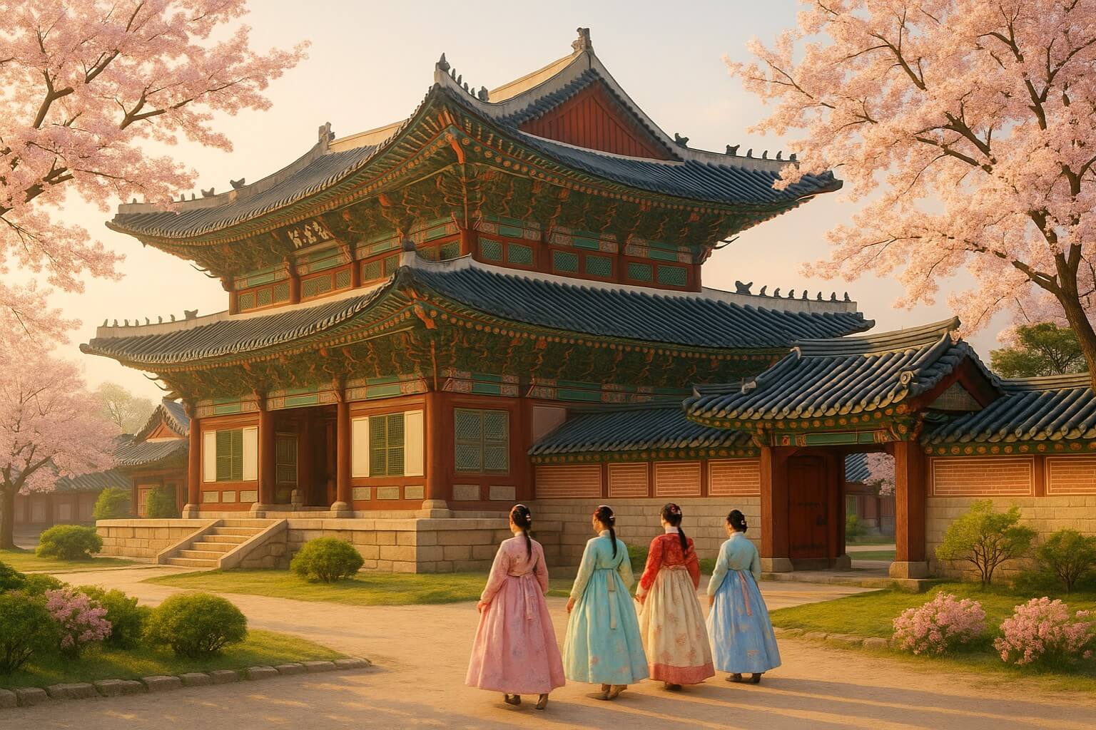 Majestic Gyeongbokgung Palace with traditional architecture and cherry blossoms - Joseon Palace inspiration