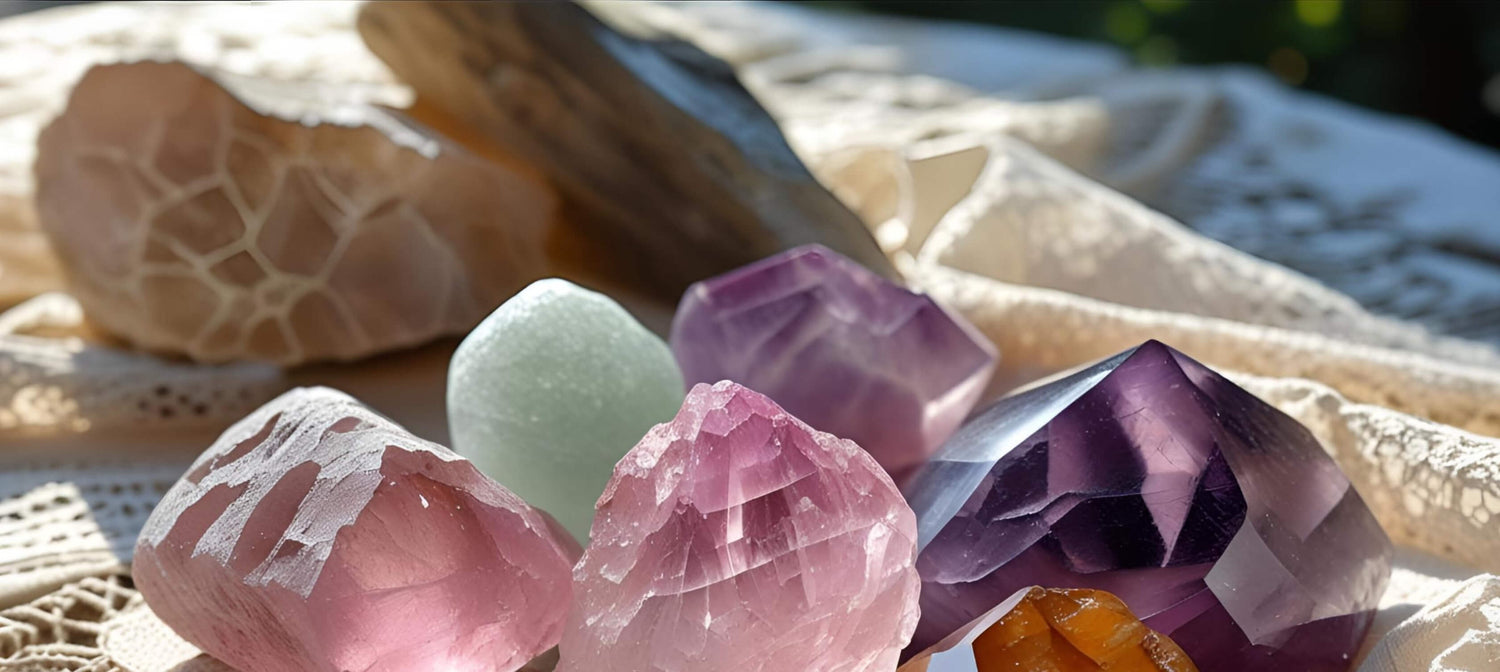 Mixed gemstones including Morganite, Frosted Agate, and Ametrine with soft colours and natural patterns.